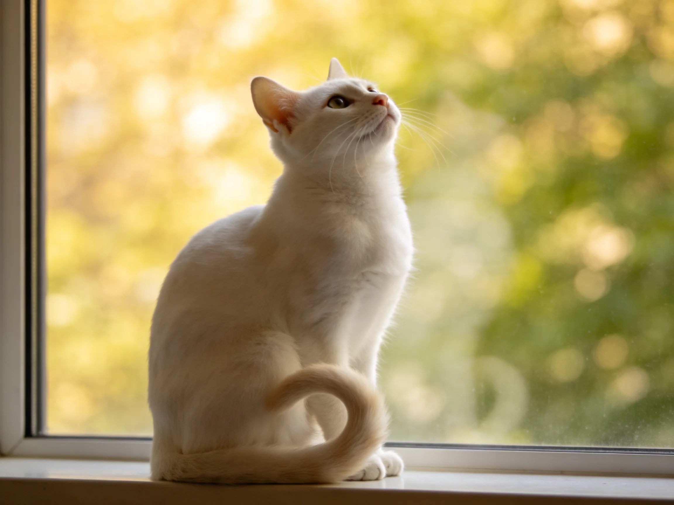 A white cat sits on a windowsill gazing at greenery through the window