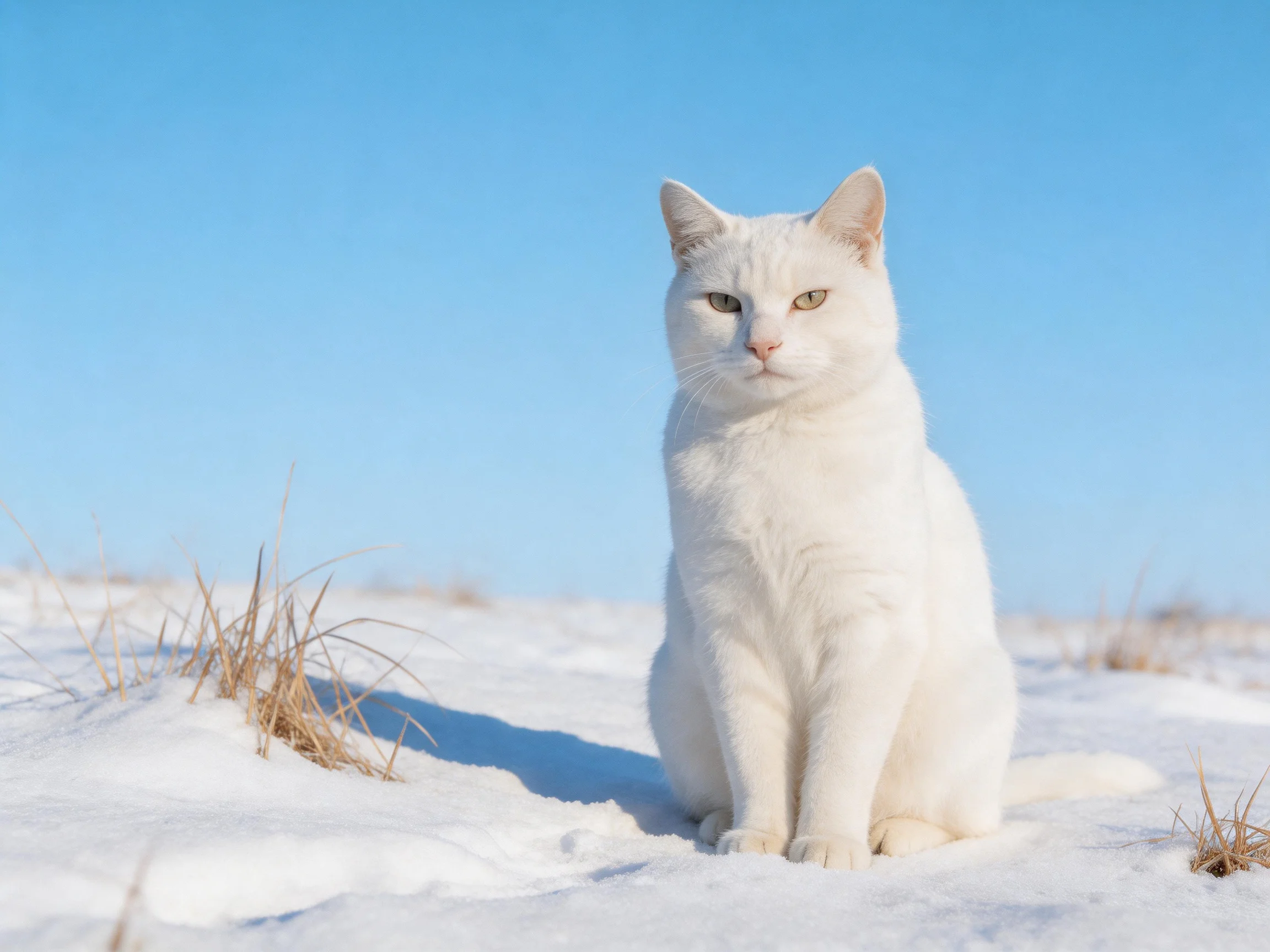 A white cat sits serenely on snow under a clear blue sky