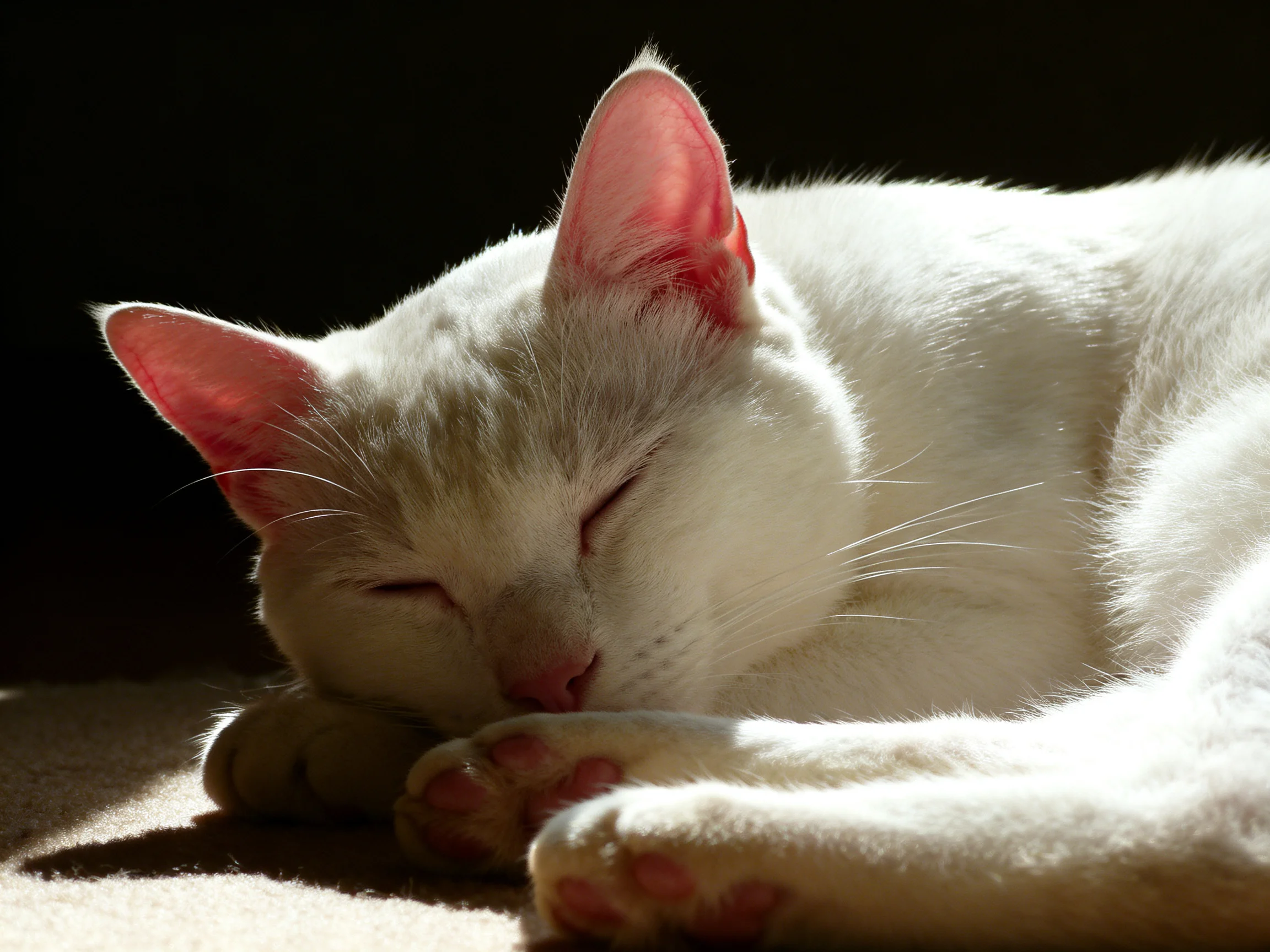 A white cat sleeping in warm sunlight with closed eyes