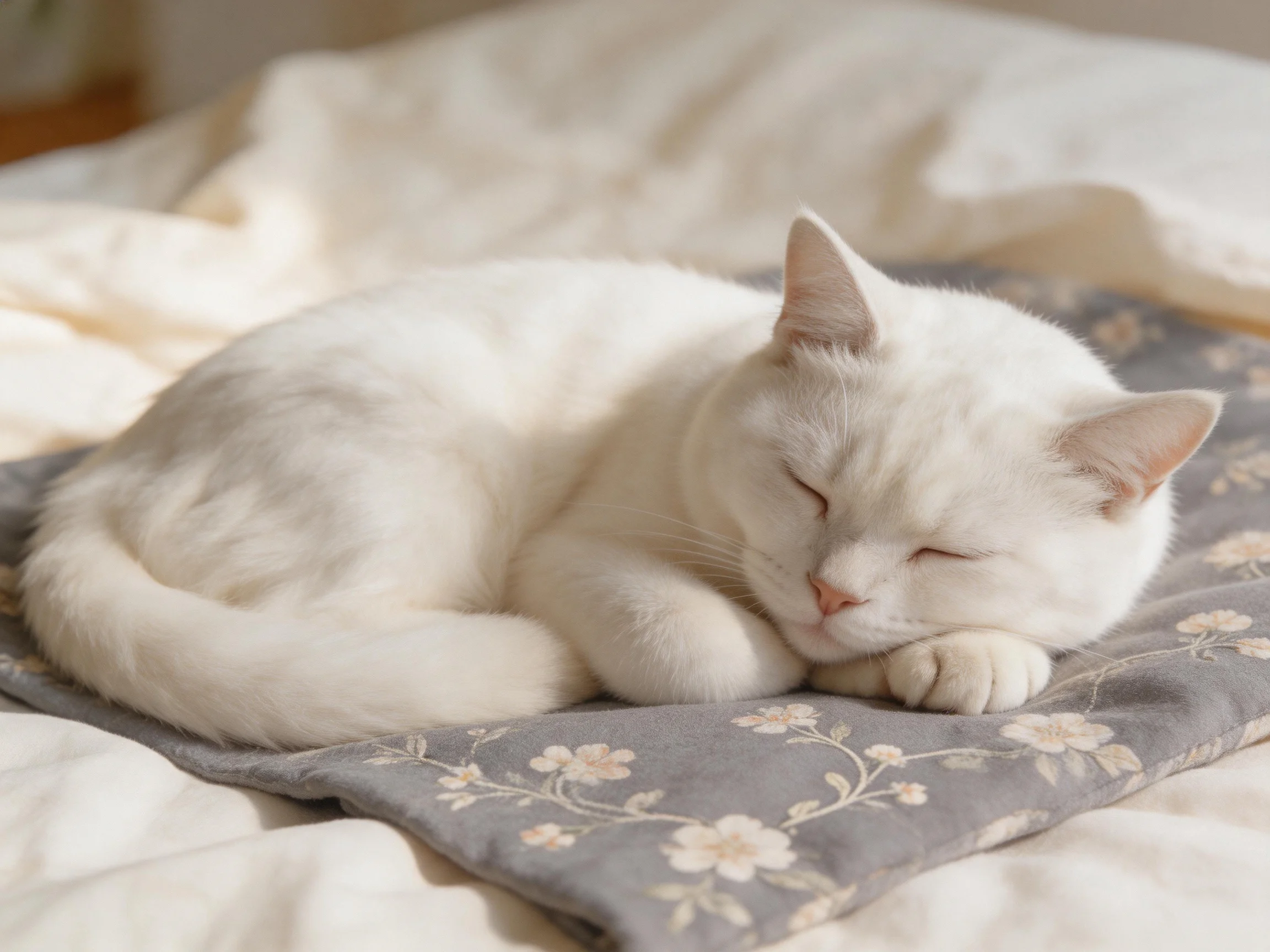 A white cat rests on a floral cushion.