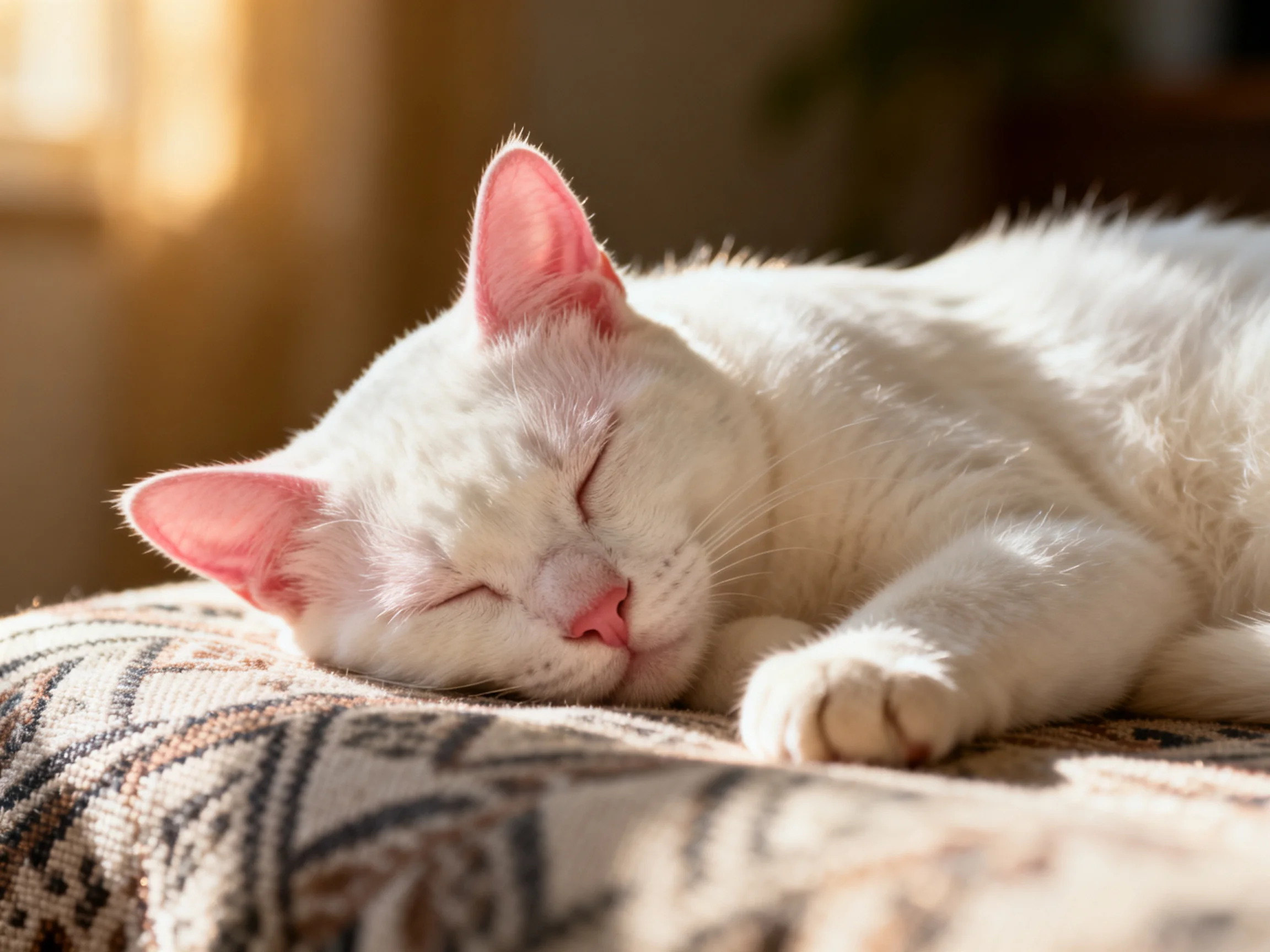 A white cat sleeps on a patterned cushion in warm sunlight