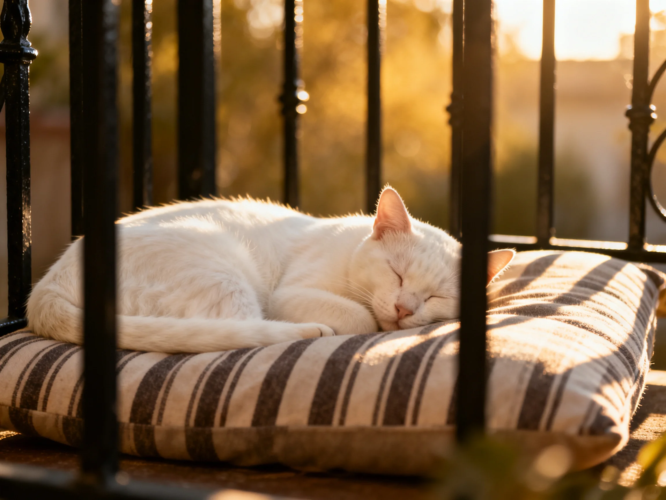 A white cat sleeps on a striped cushion in golden sunlight
