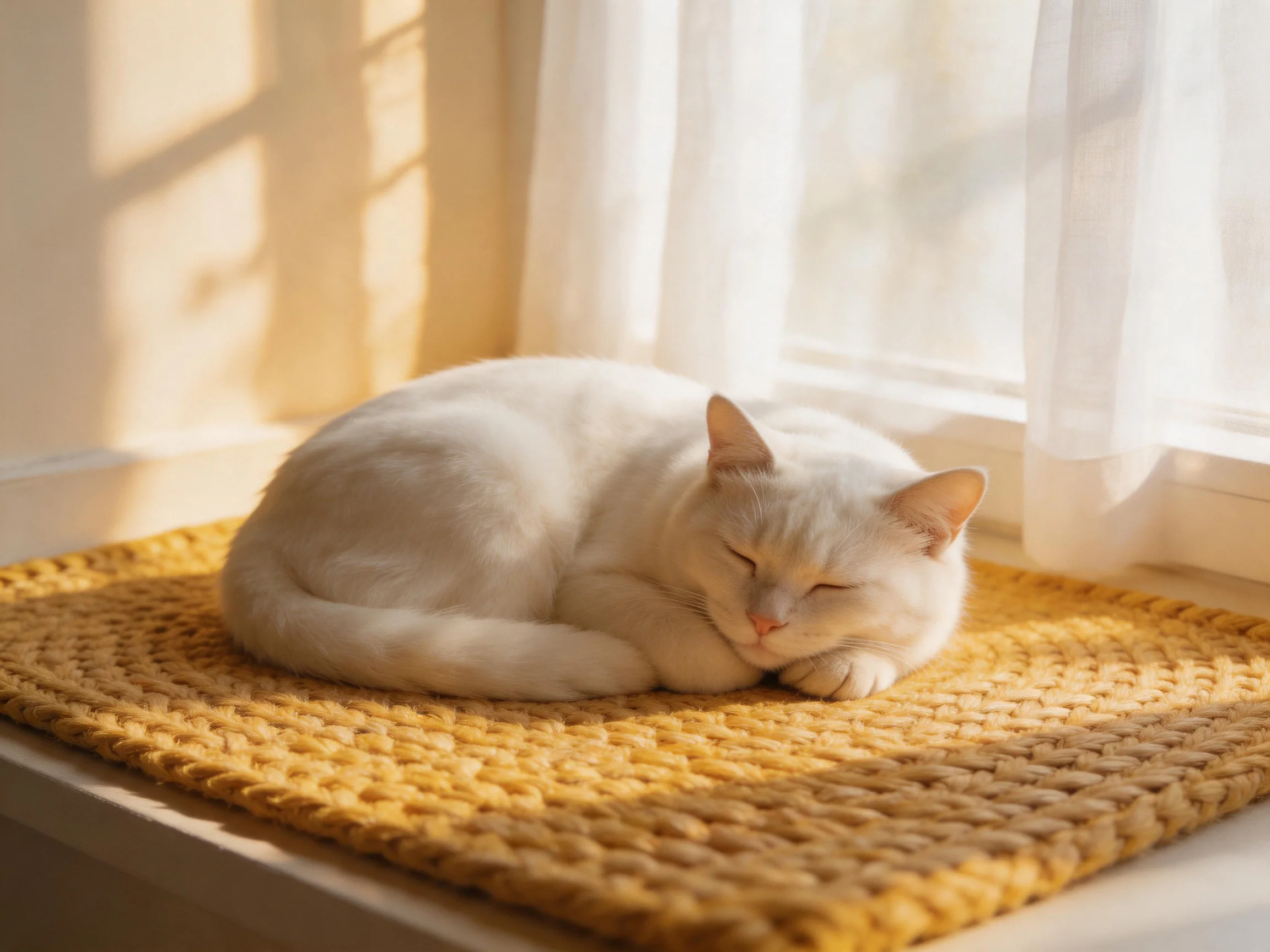A white cat rests on a yellow mat by a sunlit window.