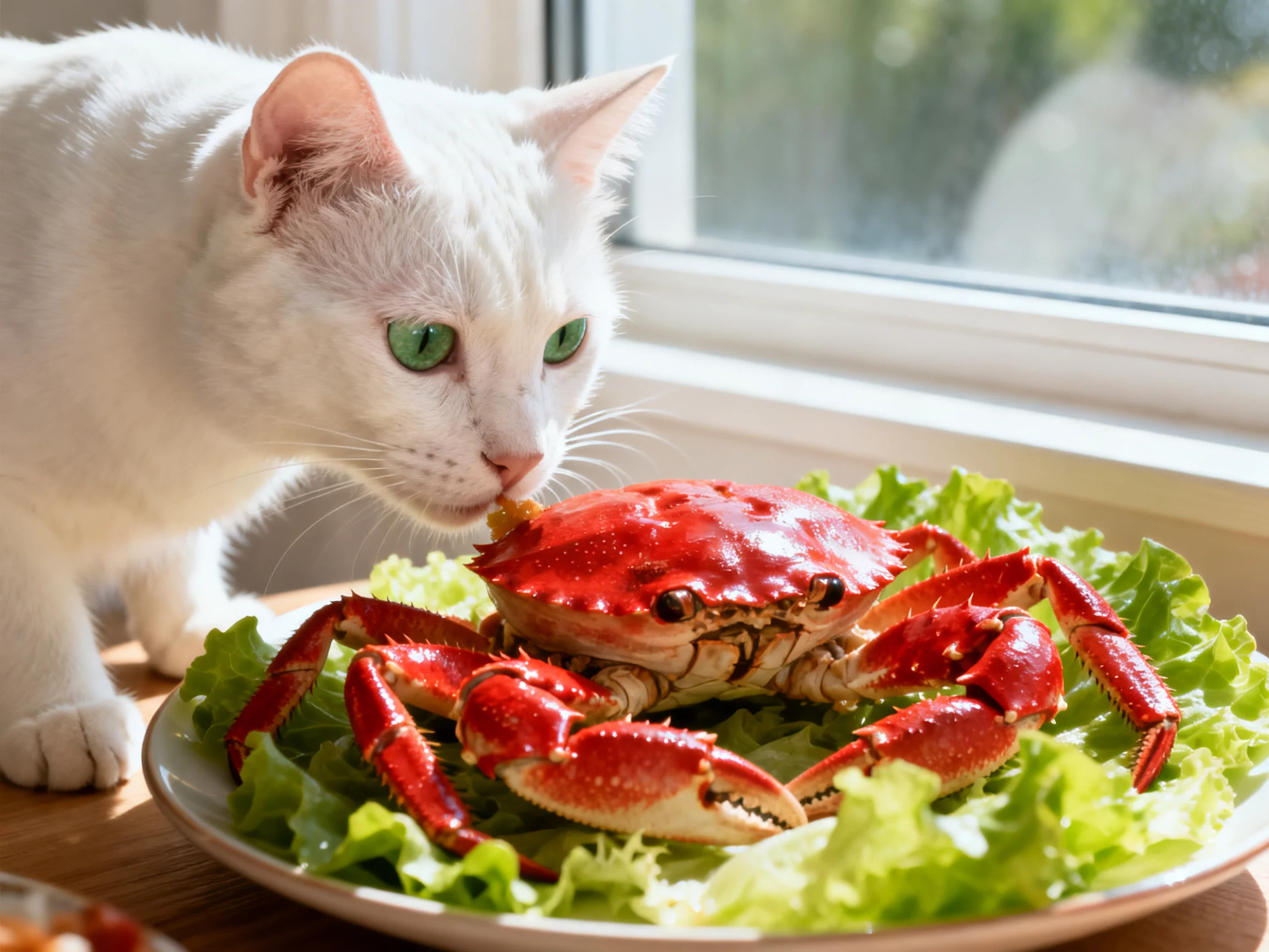 A white cat sniffs a bright red crab on green lettuce by a sunlit window