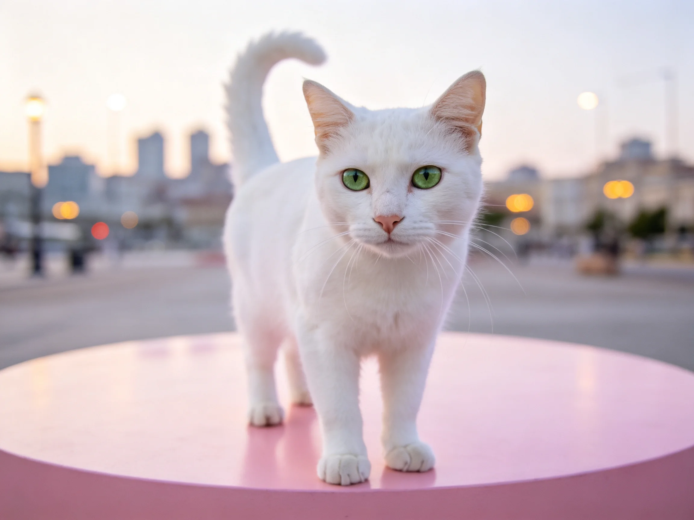 A white cat stands atop a pink circular platform near an urban landscape