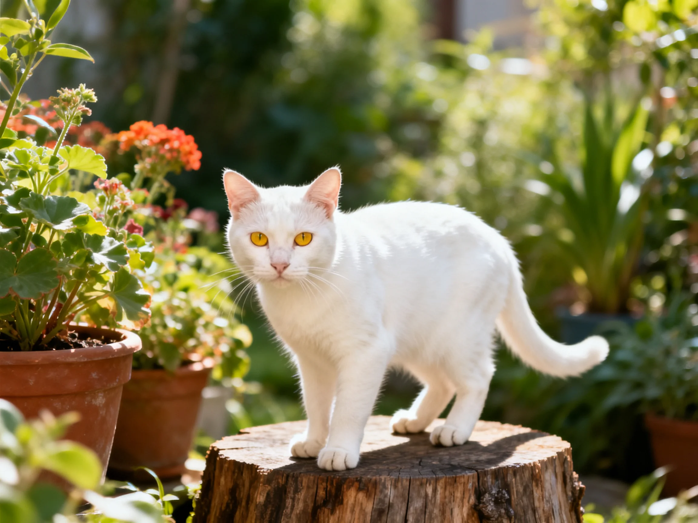 A white cat stands on a wooden stump amid colorful potted plants