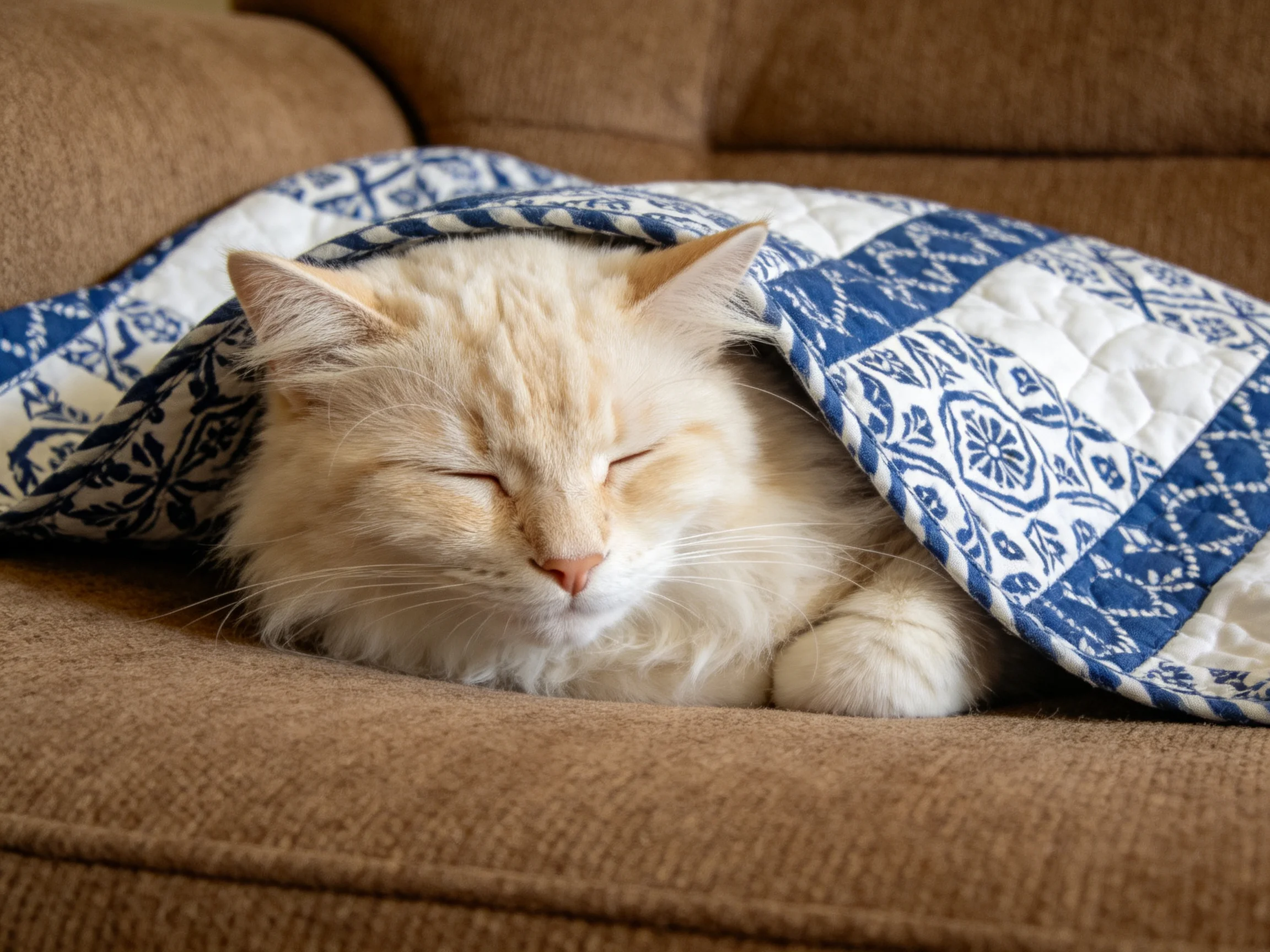 A white cat sleeps under a blue-and-white quilt on a brown couch.