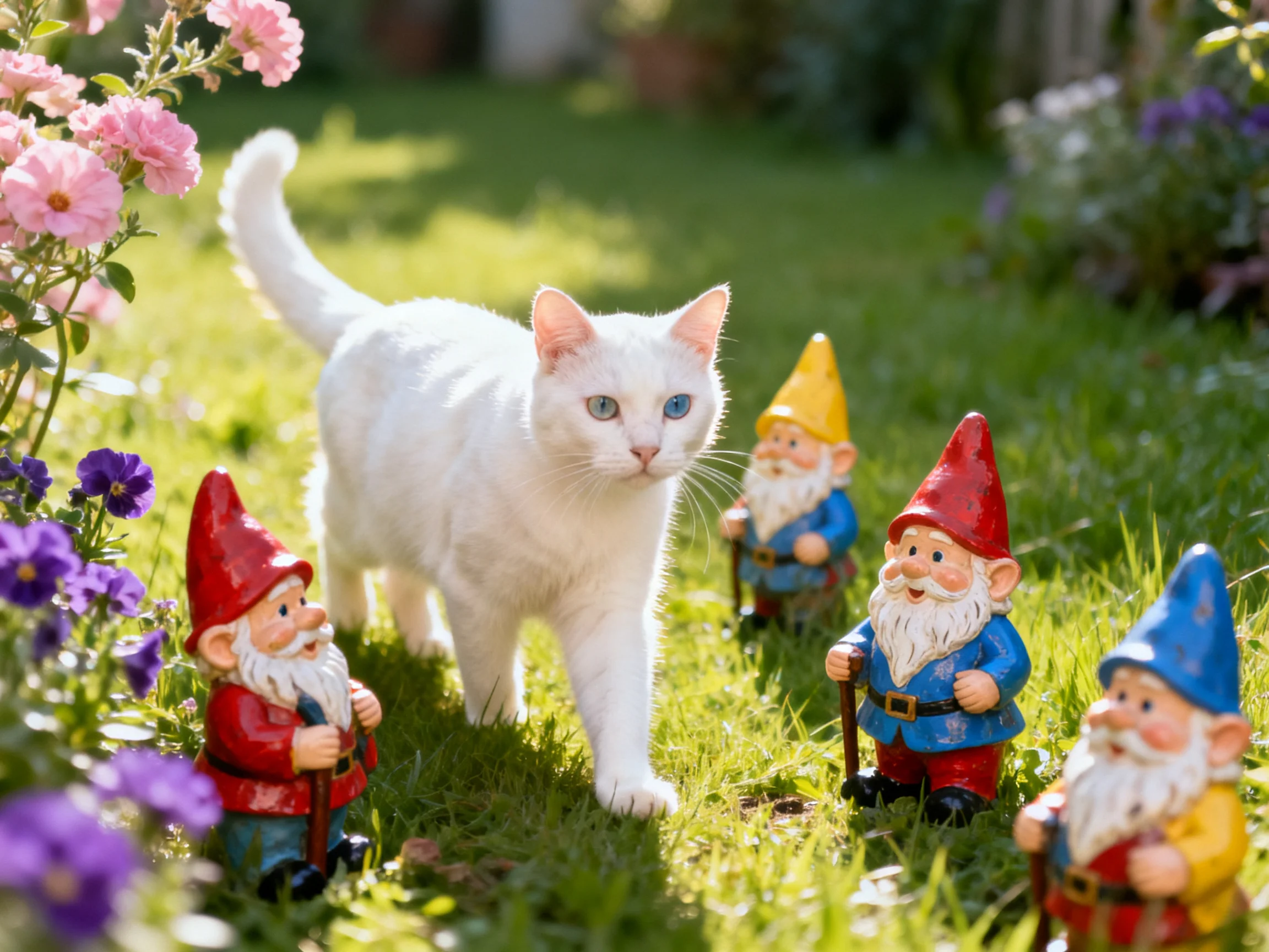 A white cat wanders past vibrant garden gnomes amid blooming flowers