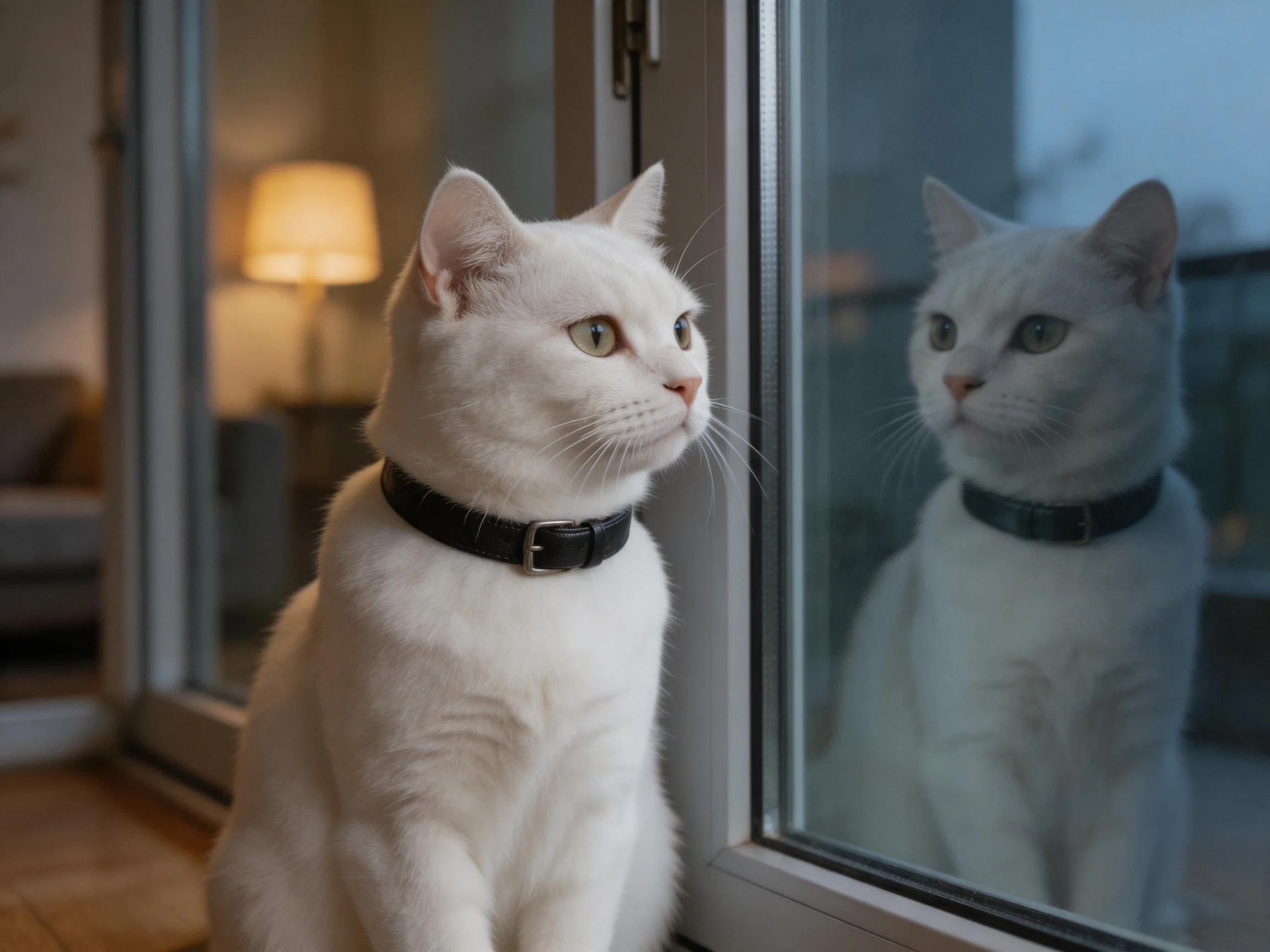 A white cat with a black collar sits by a glass door showing its reflection