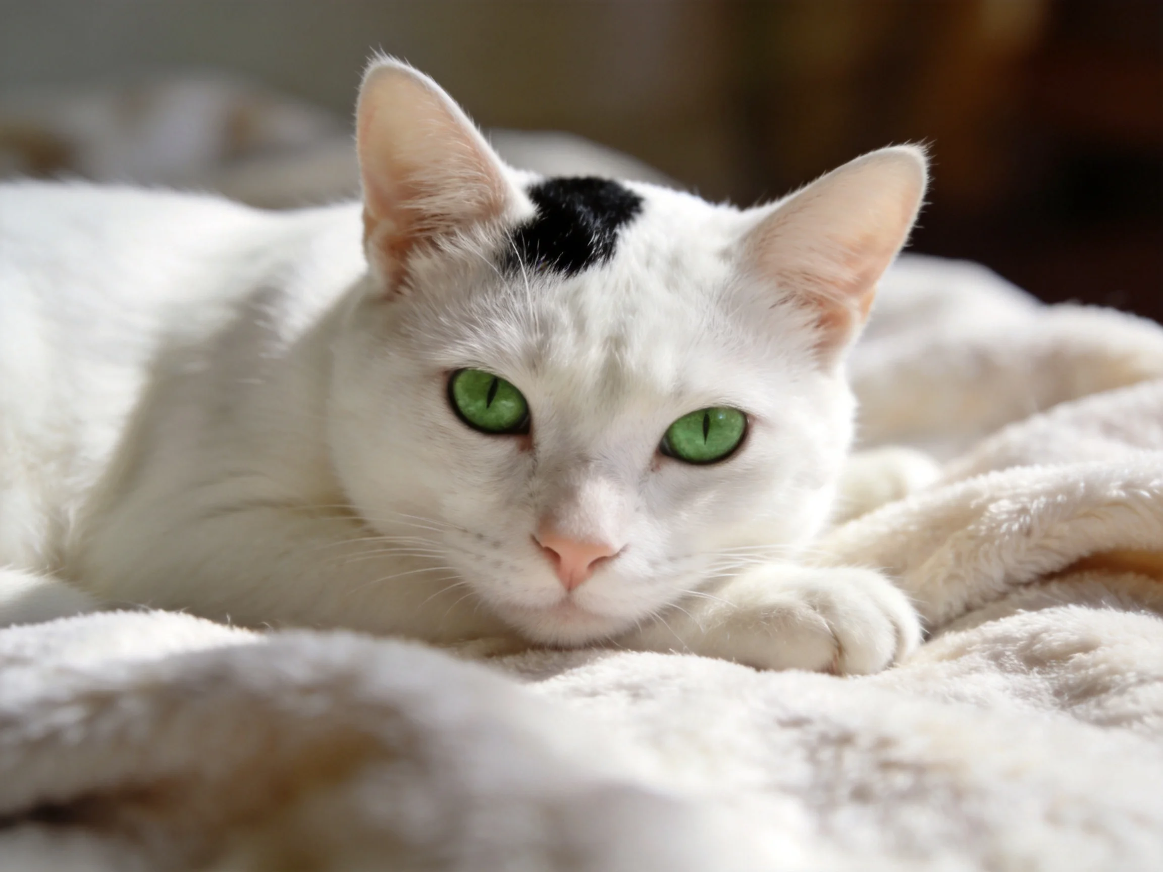 A white cat with a black patch and green eyes rests on a soft blanket