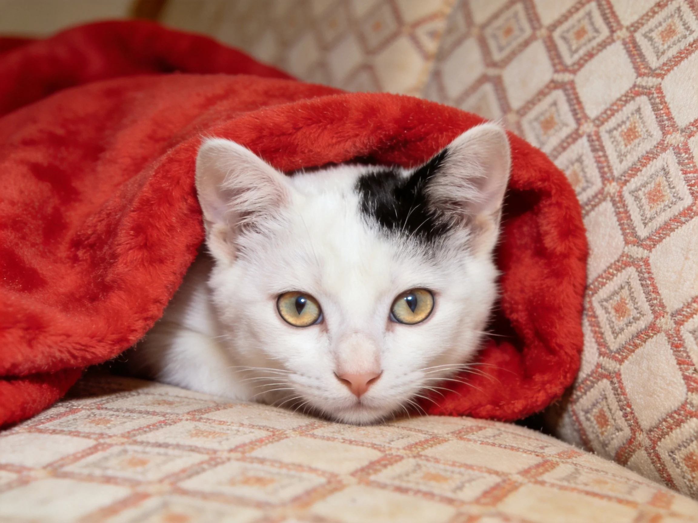 A white cat with a black patch resting under a plush red blanket
