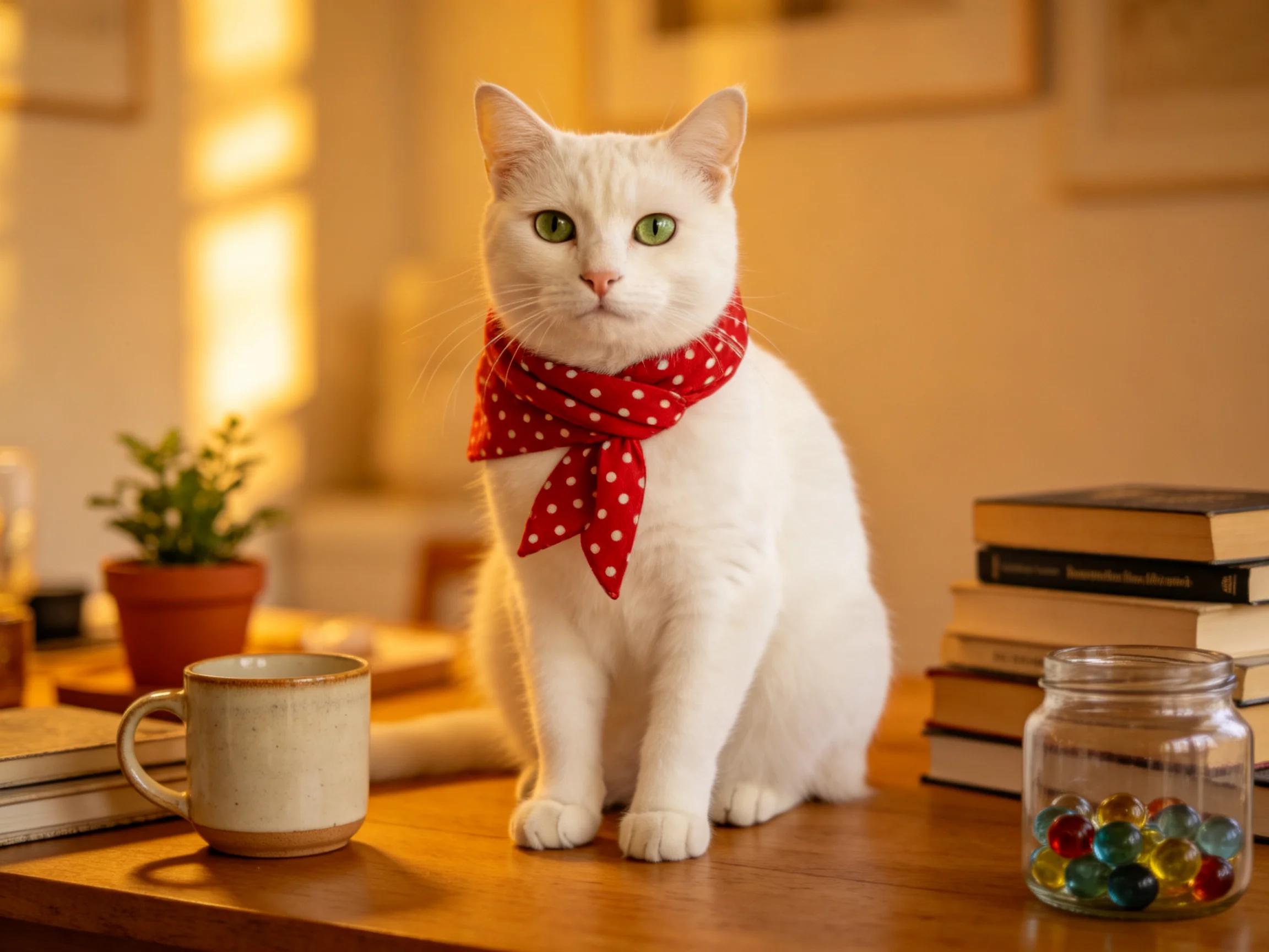 A white cat with a red polka dot scarf sits on a wooden table