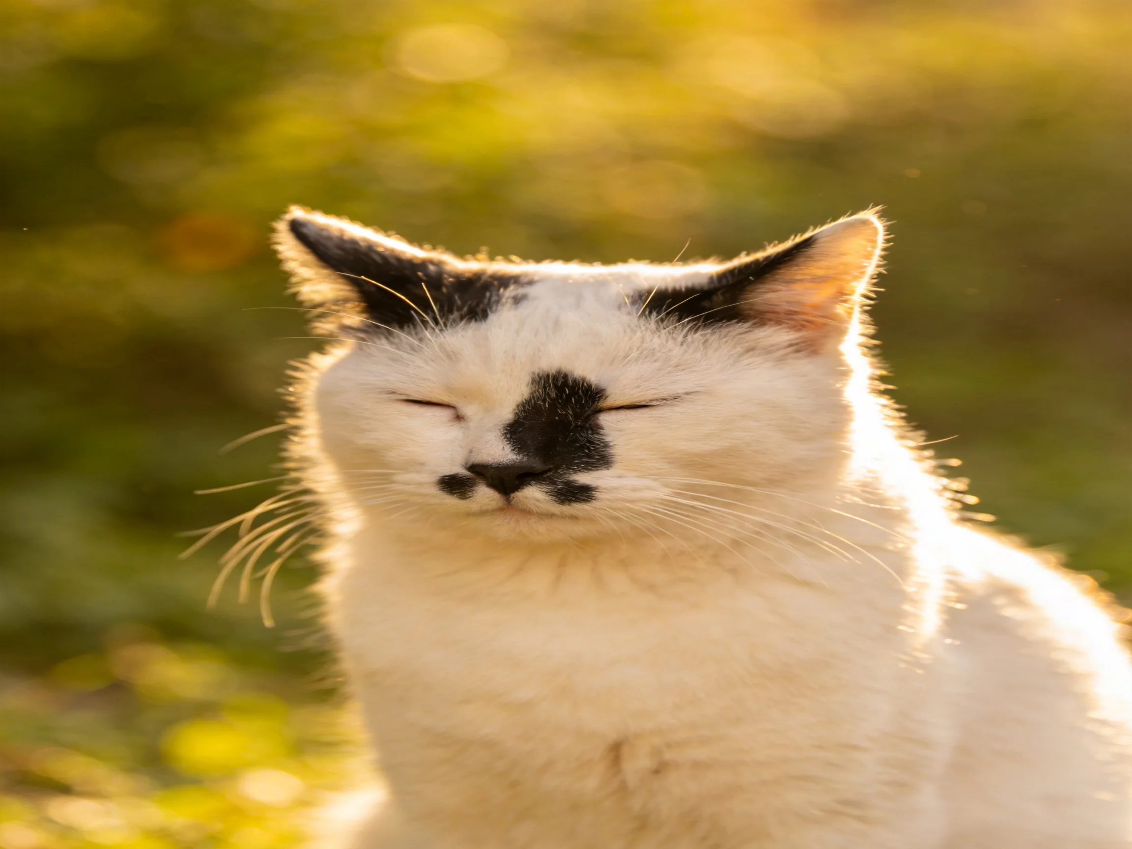 A white cat with black facial markings basking in sunlit greenery