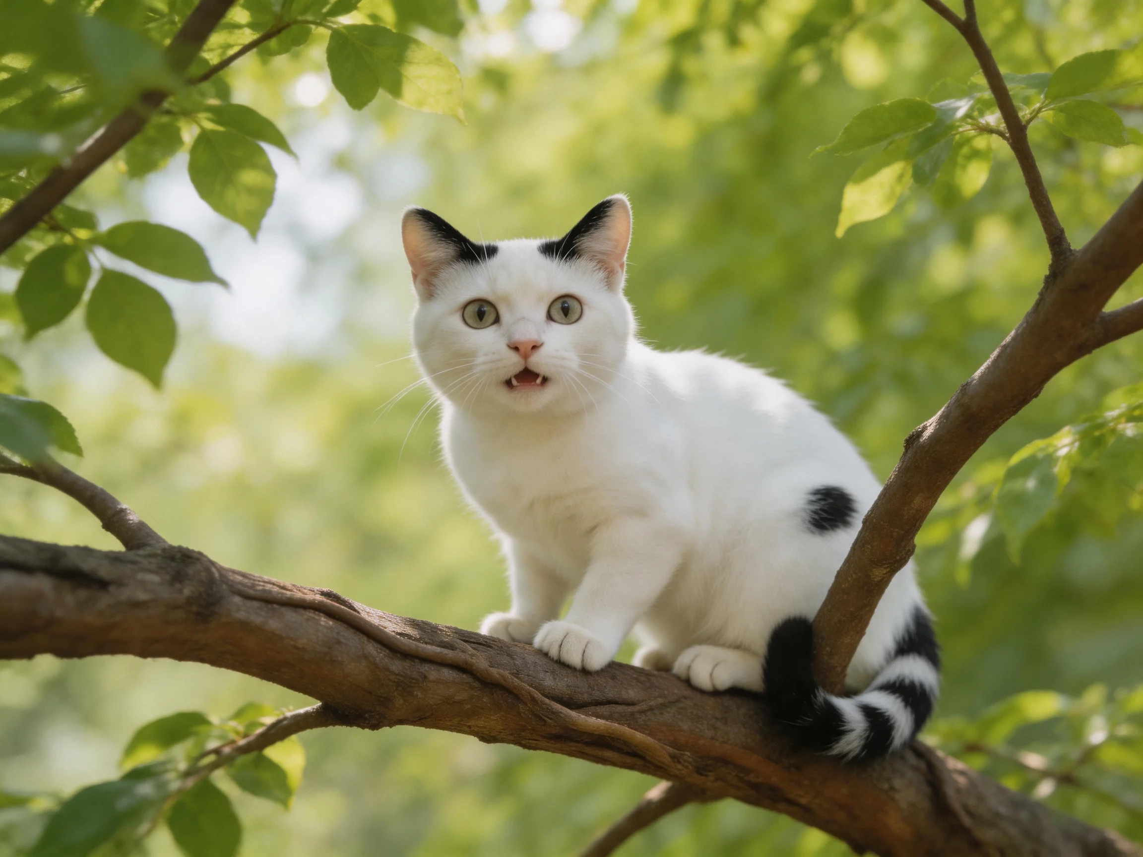 A white cat with black markings perches on a tree branch amidst green foliage