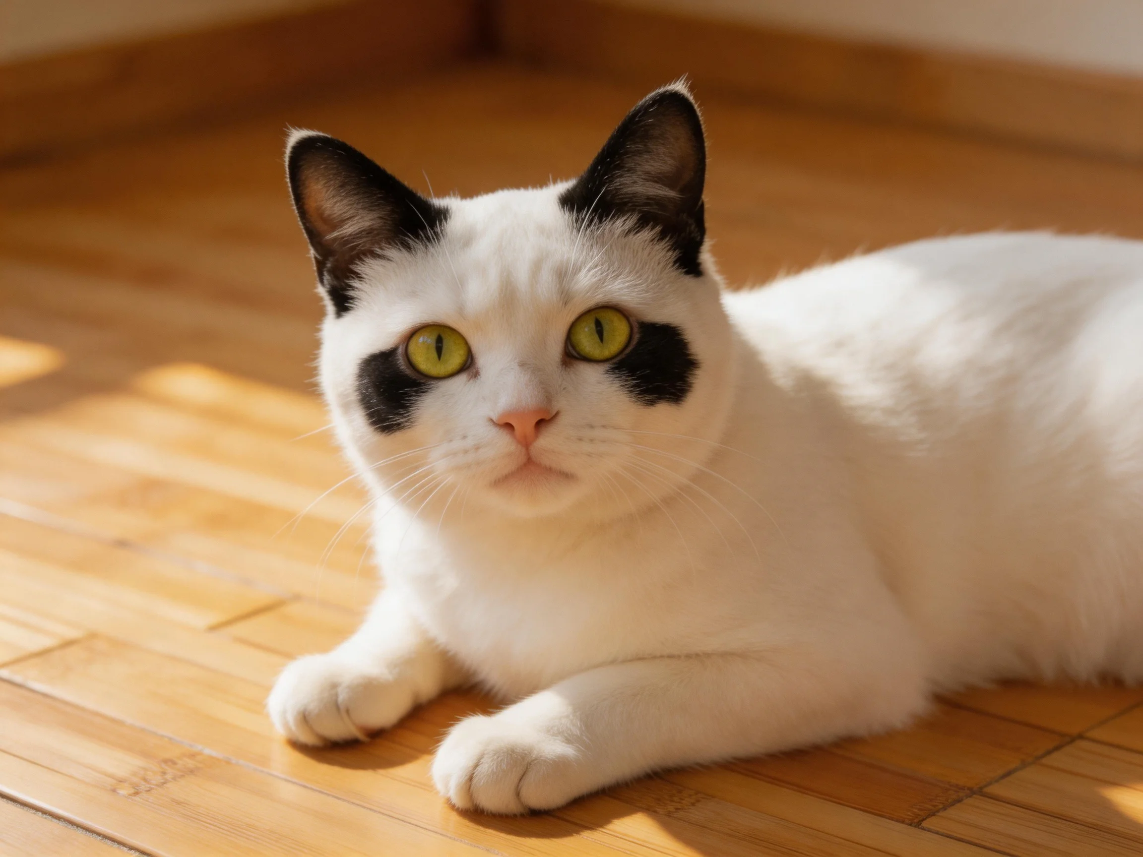 A white cat with black markings rests on a bamboo floor in sunlight