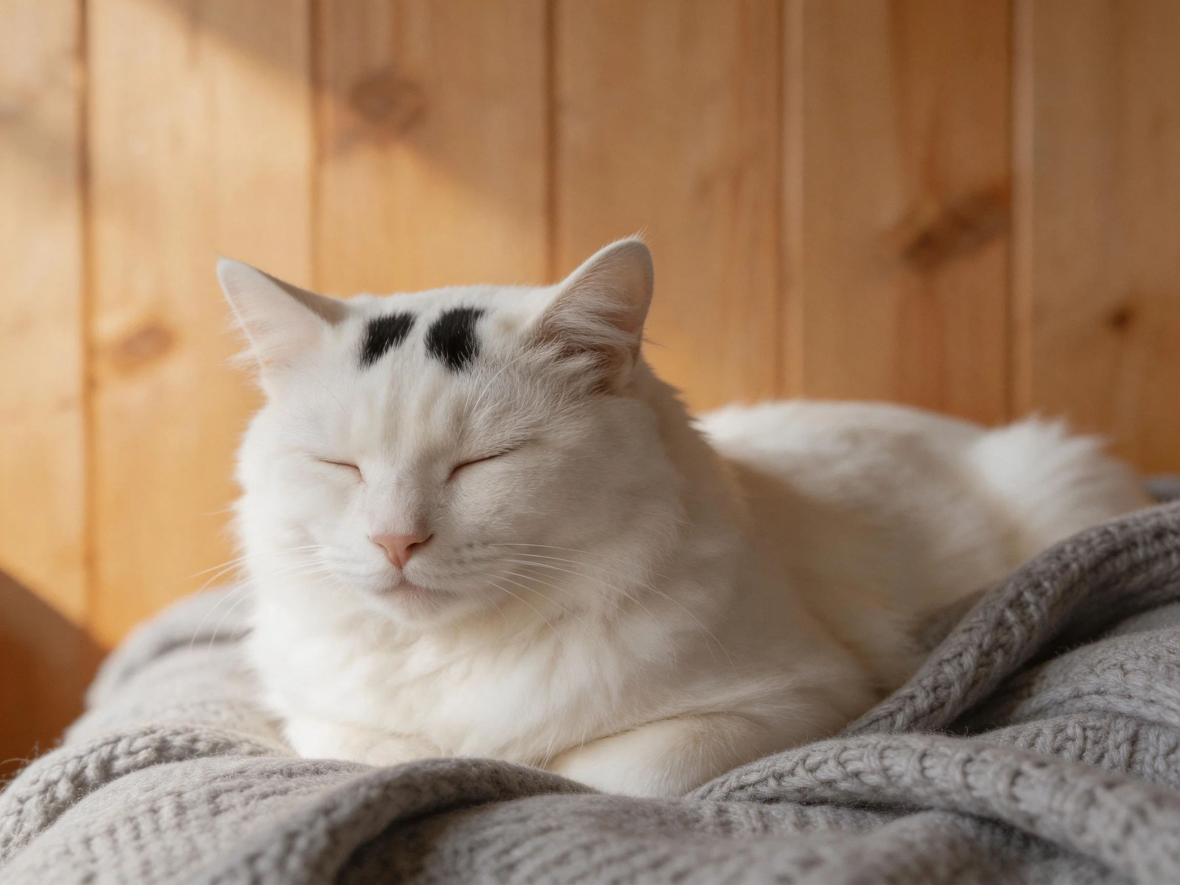 A white cat with black markings rests on a gray blanket near wooden paneling