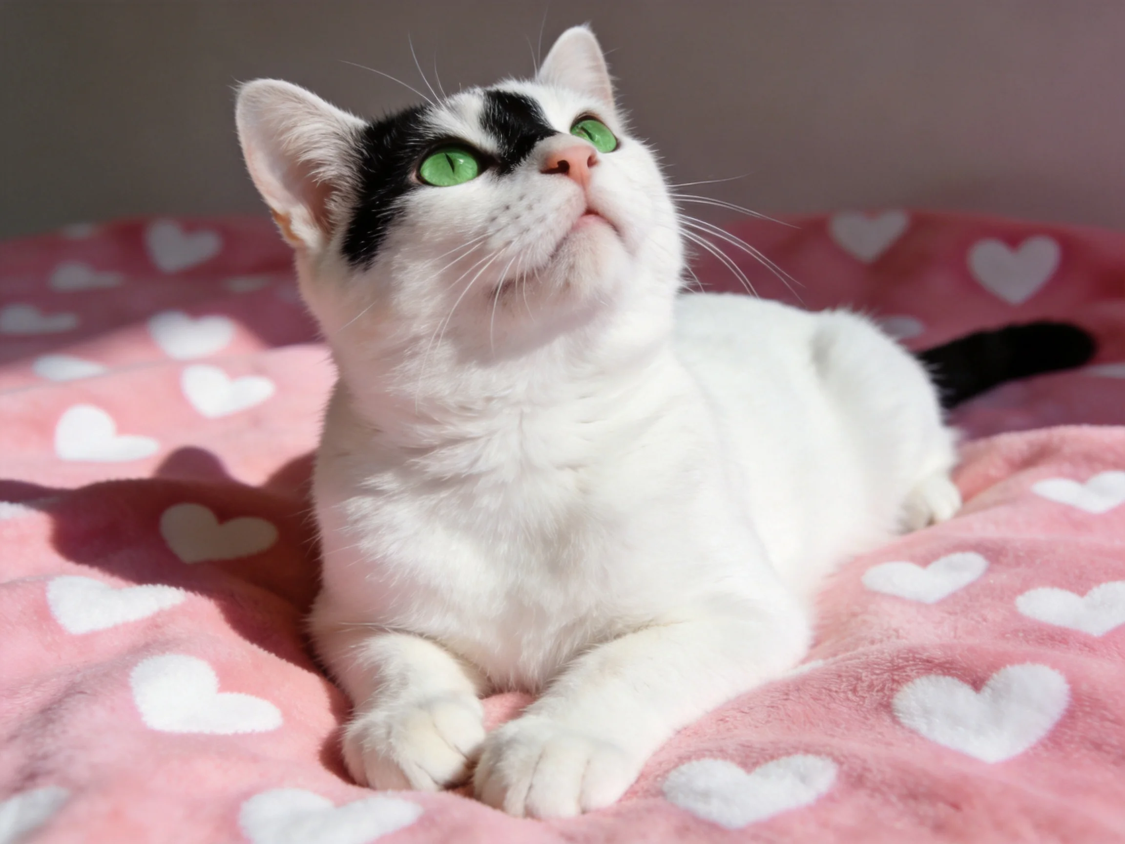 A white cat with black markings rests on a pink heart-patterned blanket