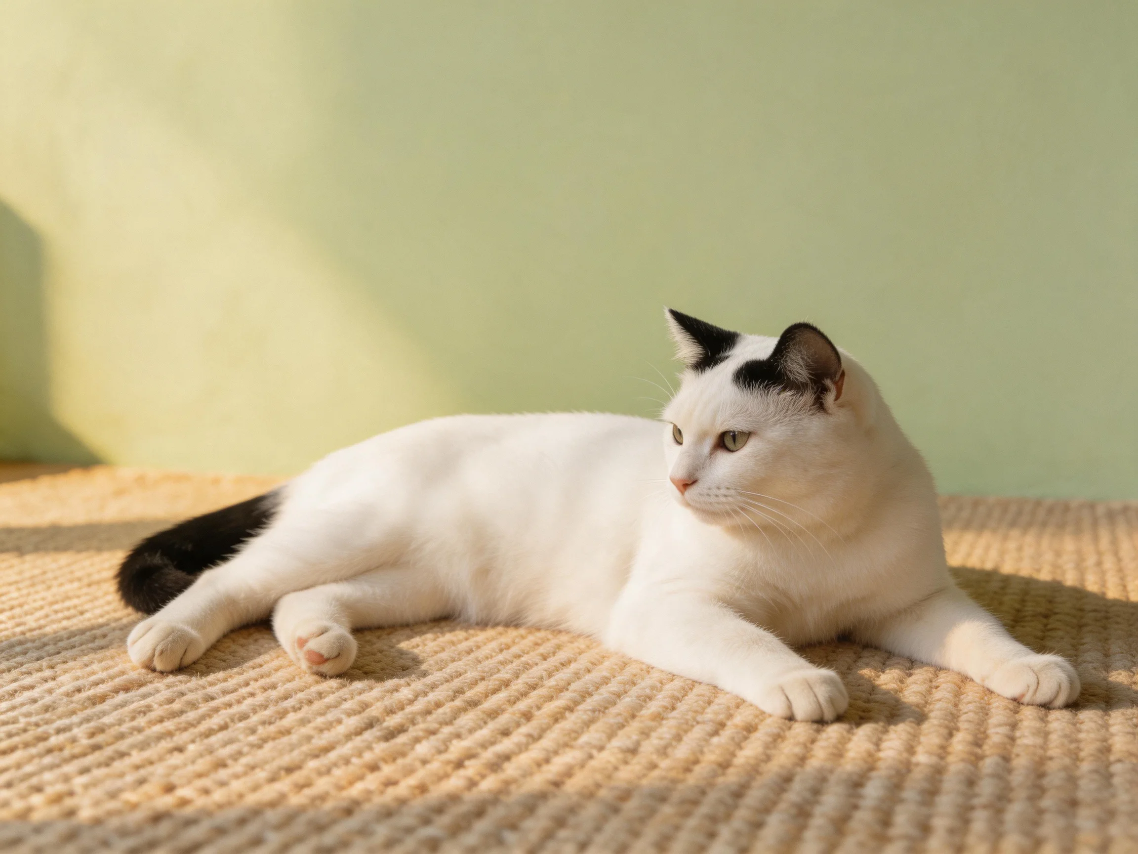 A white cat with black markings rests on a woven mat near a light green wall
