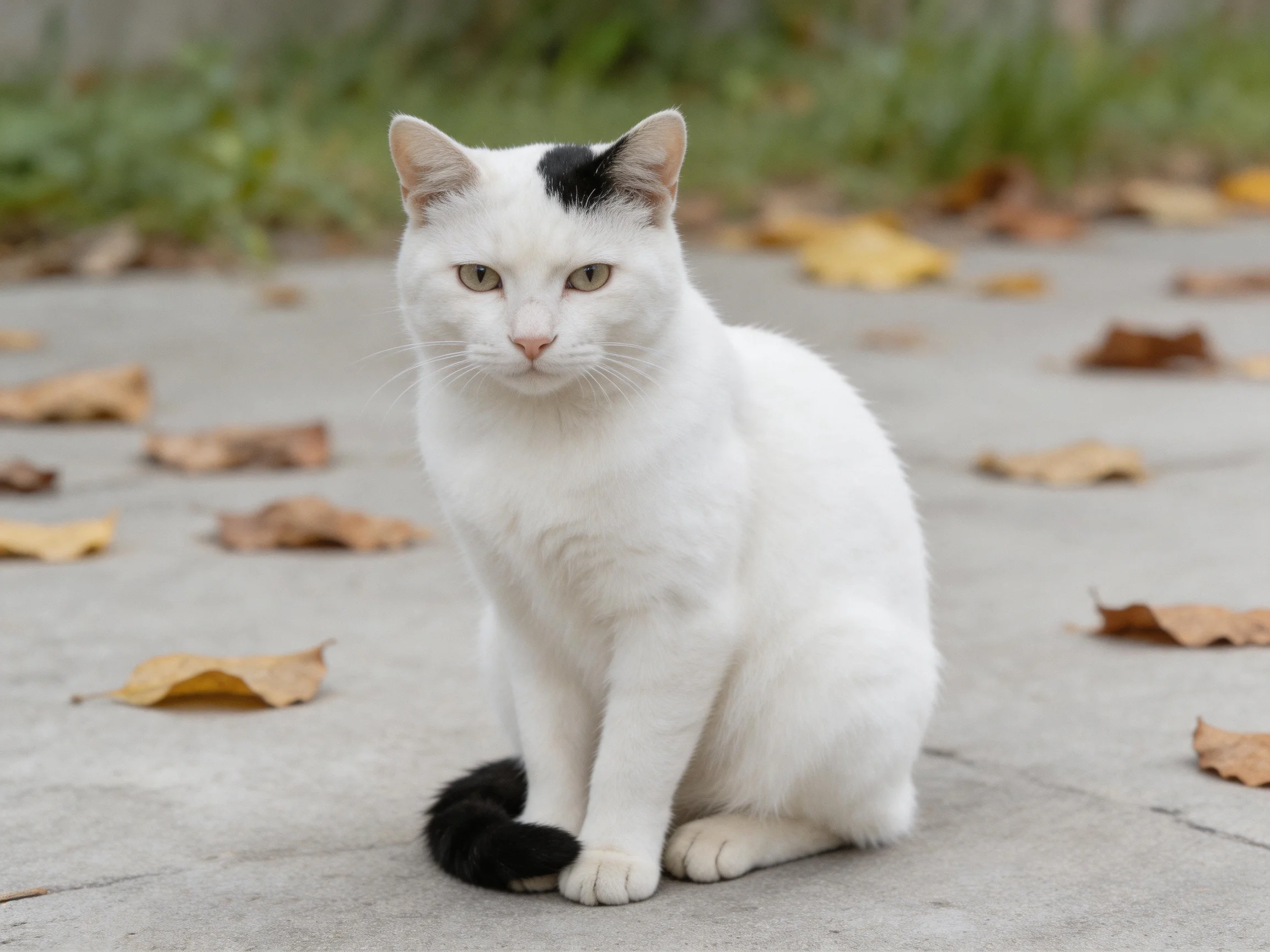 A white cat with black markings sits among scattered autumn leaves