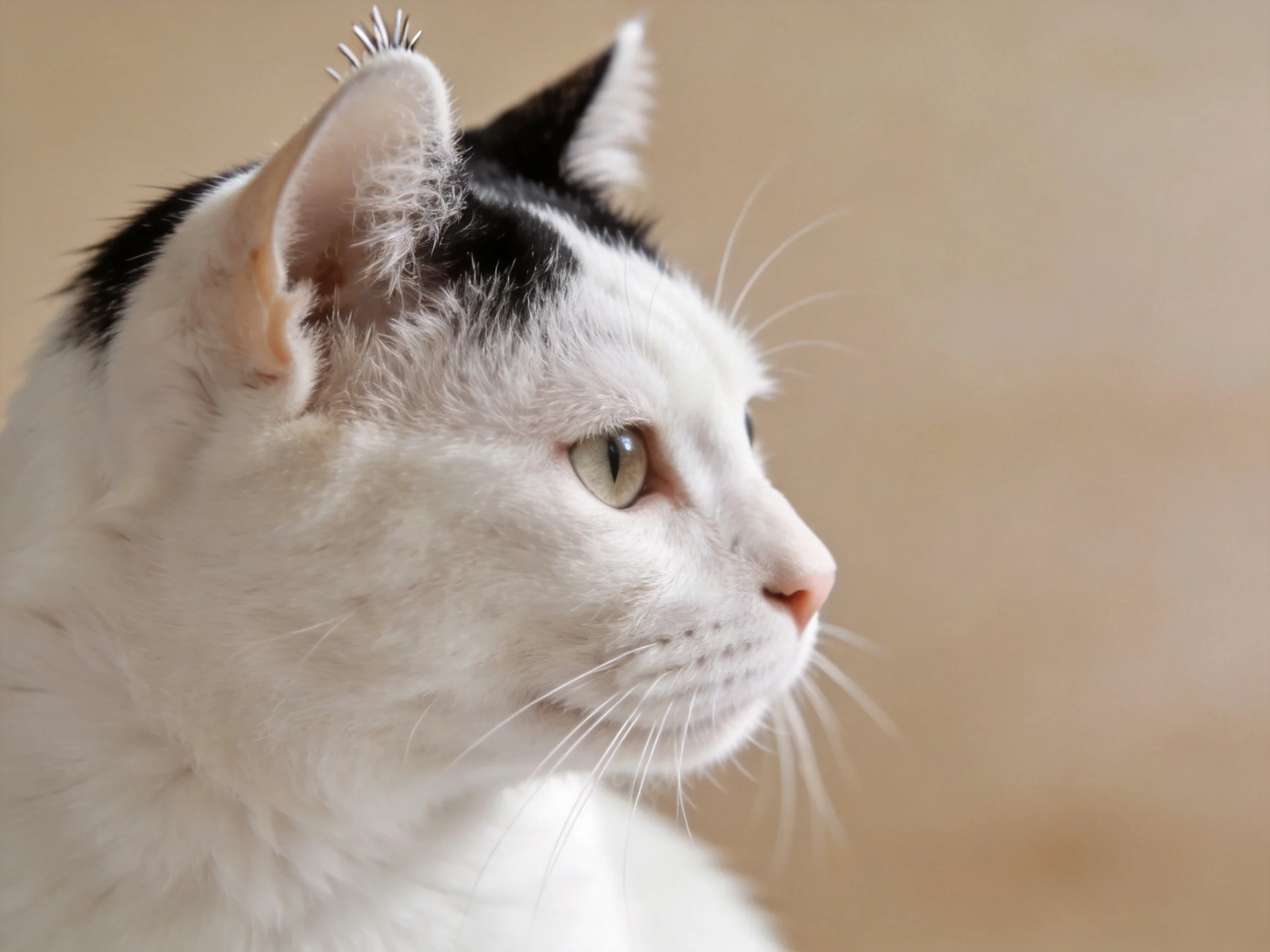 A white cat with black markings wears a small hair clip near its ear