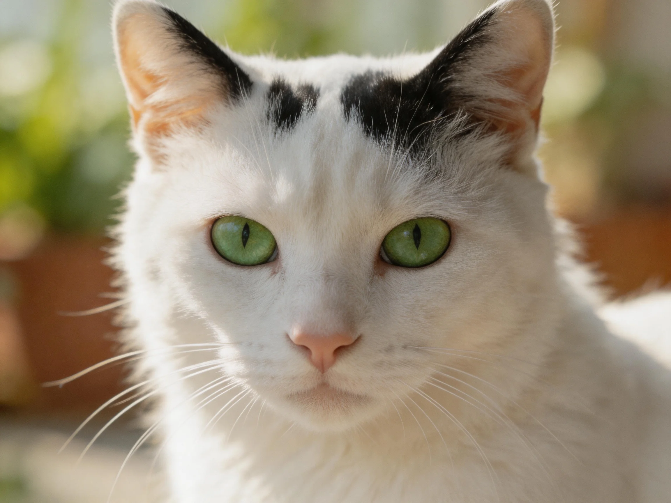 A white cat with black patches and bright green eyes in natural light