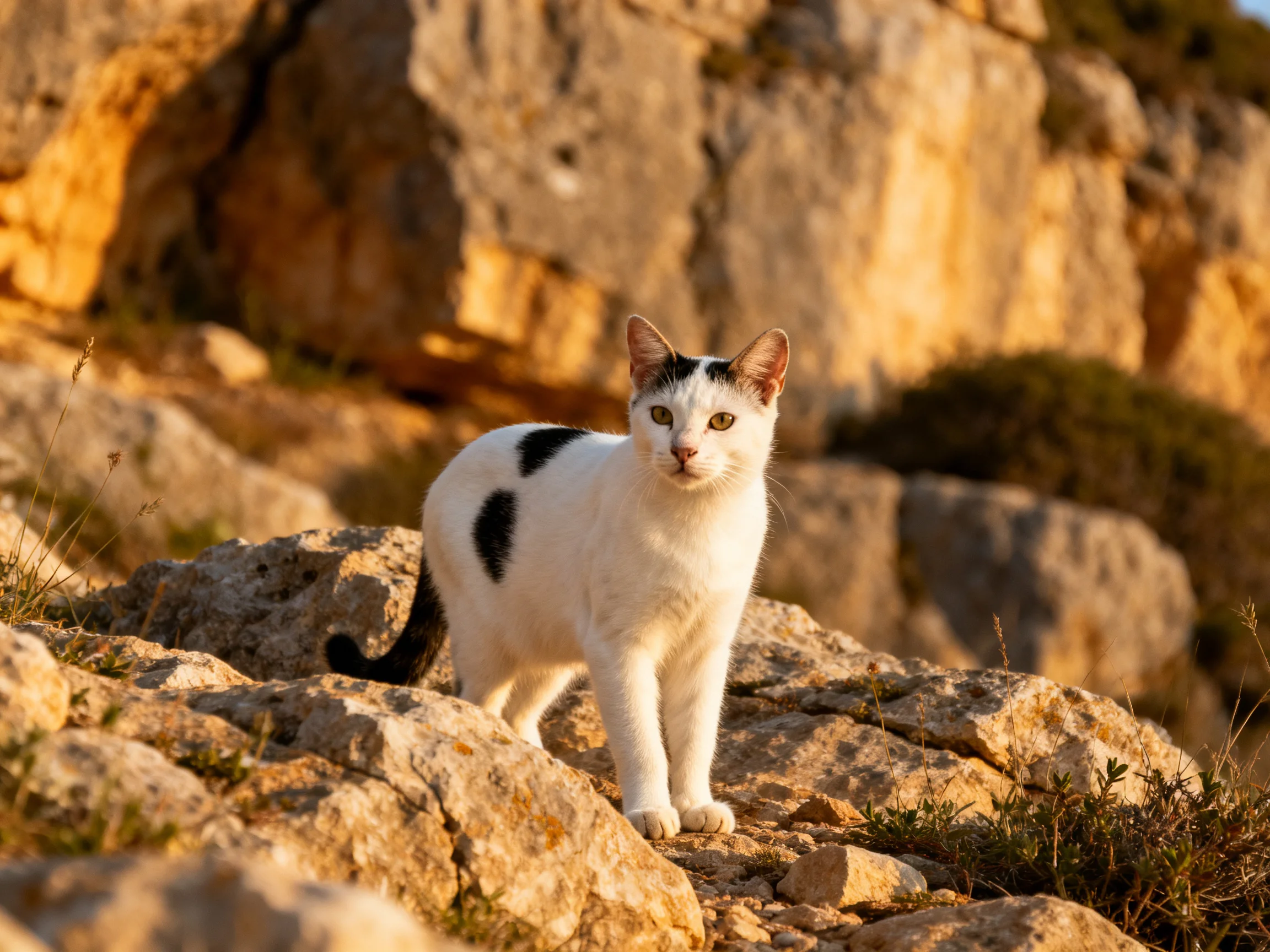 A white cat with black spots stands on rocky terrain in a sunlit environment.