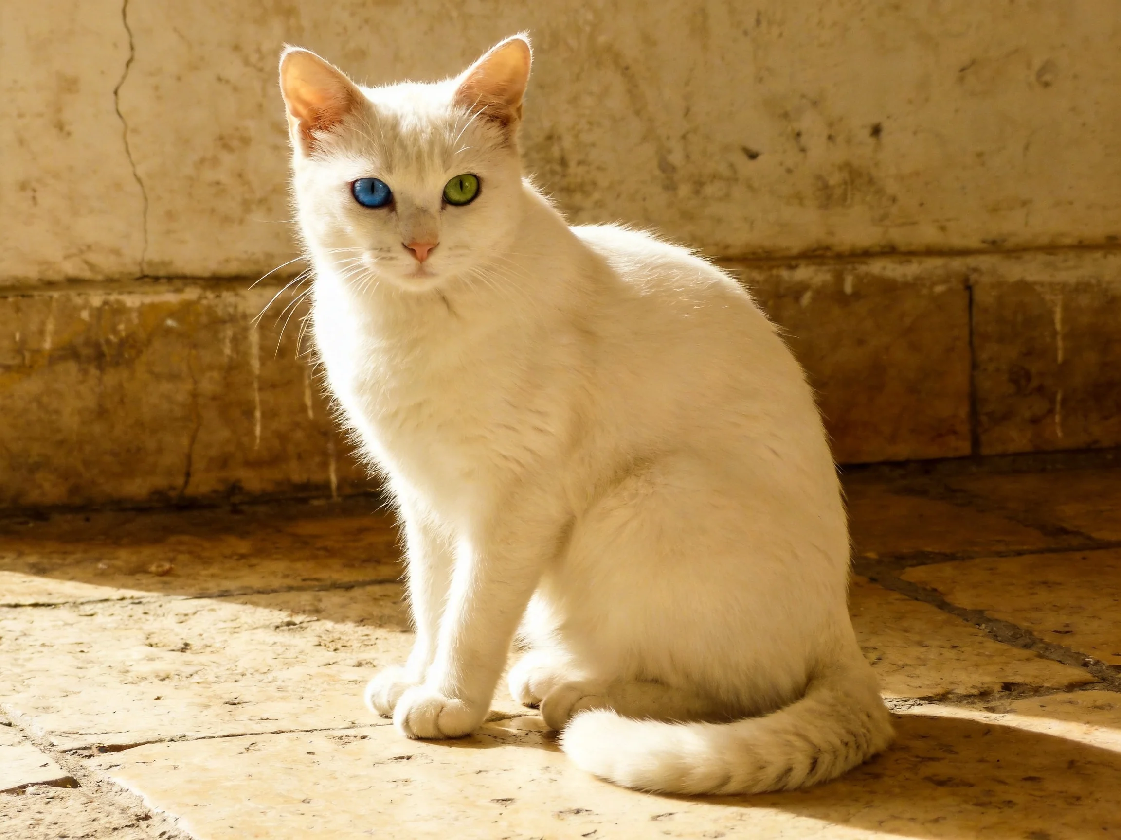 A white cat with heterochromatic eyes sits near an aged wall.
