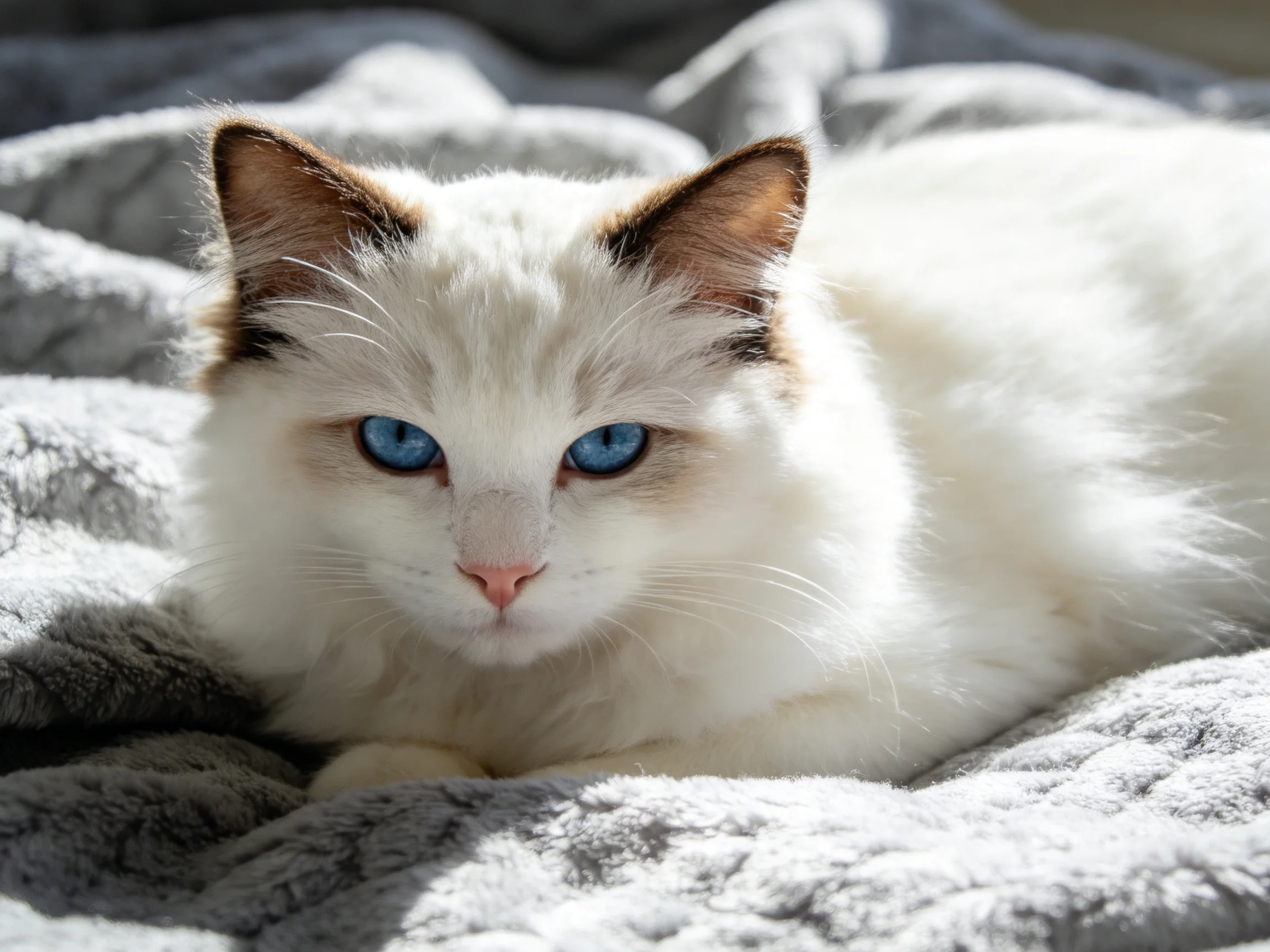 A white cat with blue eyes lounges on a plush gray blanket