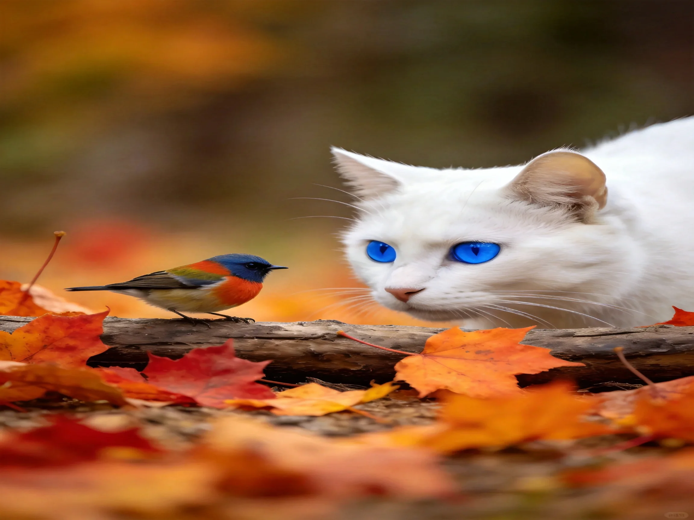 A white cat watches a small bird among autumn leaves
