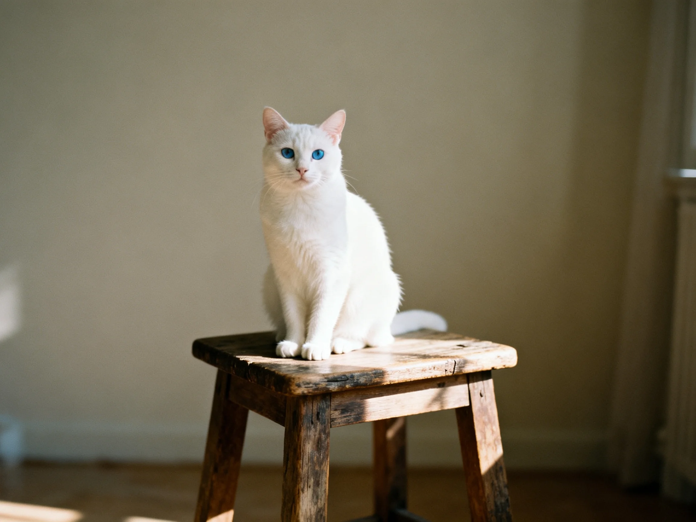 A white cat with blue eyes sits on an aged wooden stool in
