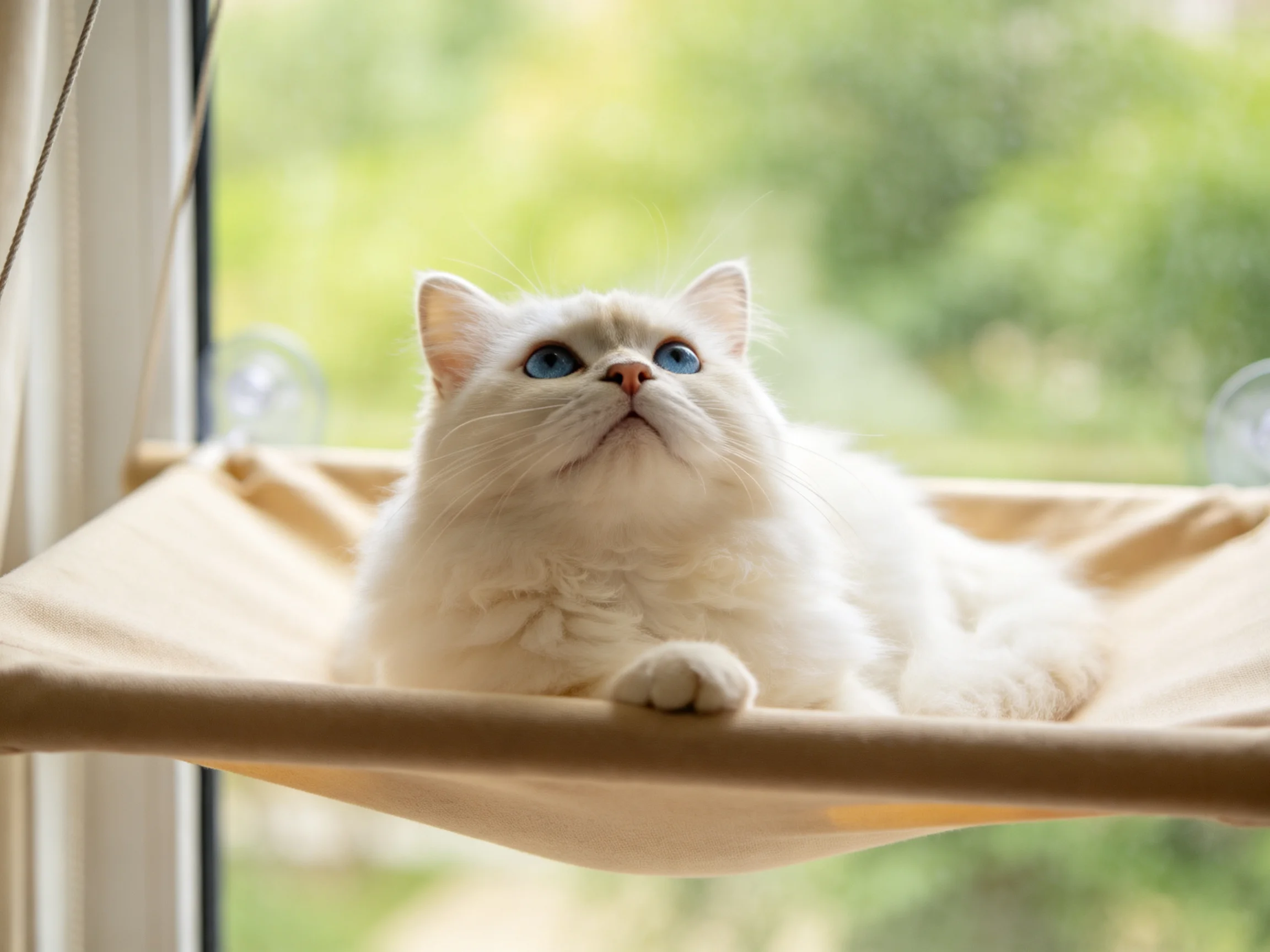 A white cat with blue eyes resting in a beige hammock by a sunlit window