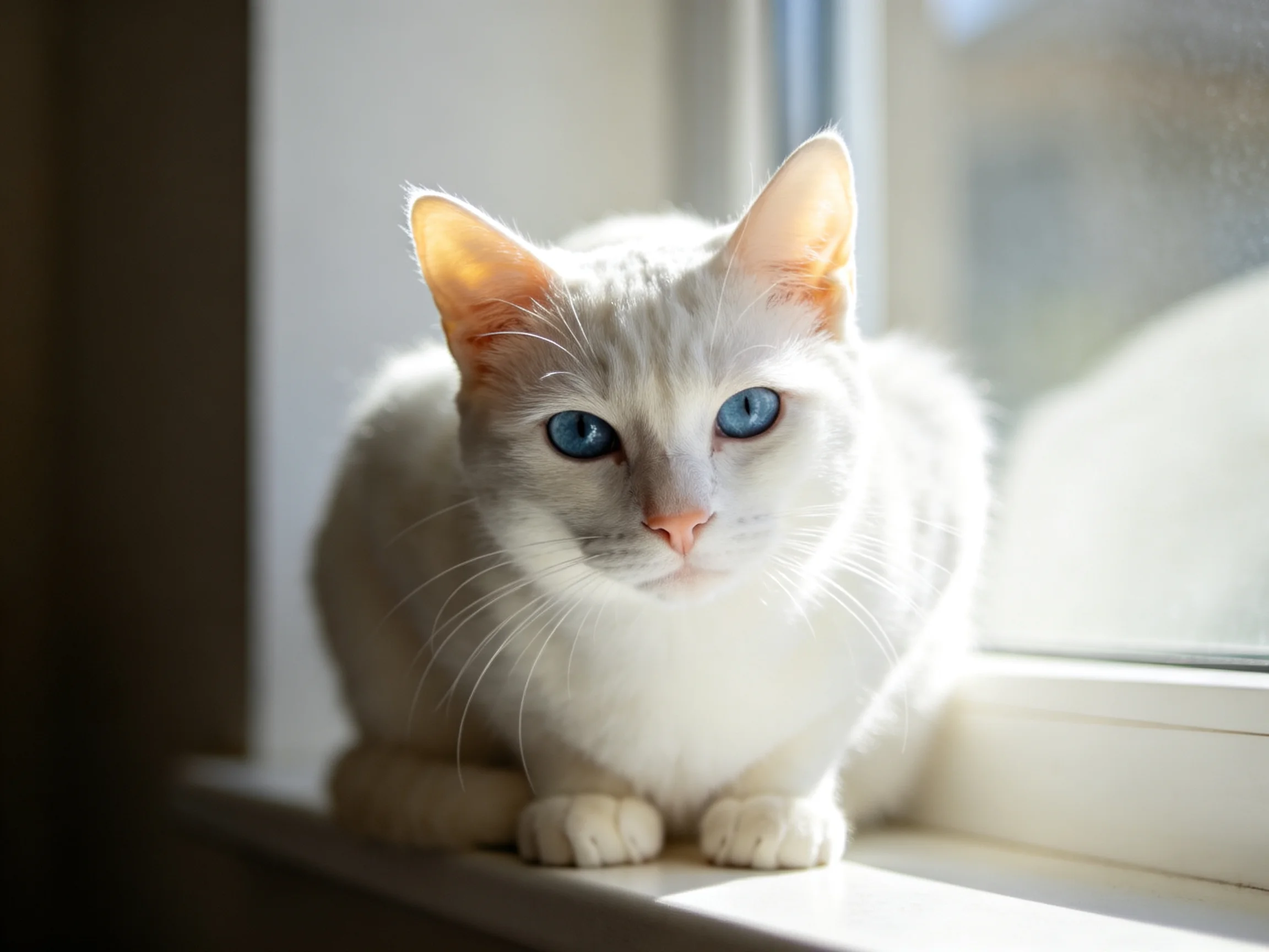 A white cat with blue eyes resting on a sunlit windowsill