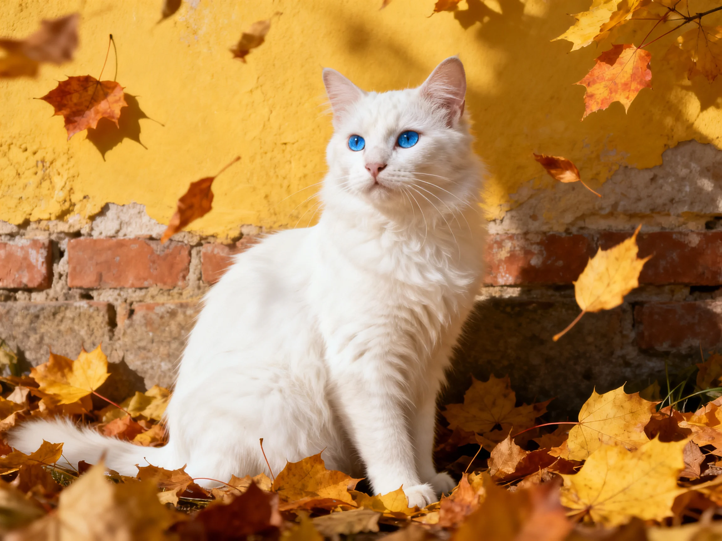 A white cat with blue eyes rests amid autumn leaves near a yellow wall.