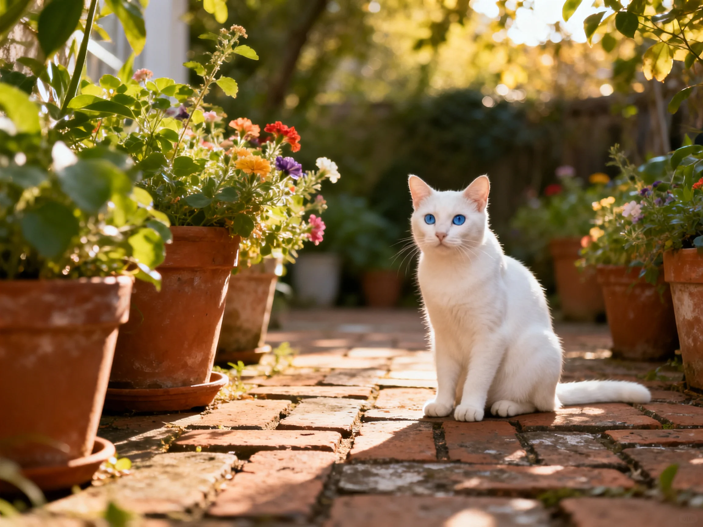 A white cat with blue eyes sits amid colorful potted plants on a brick pathway.