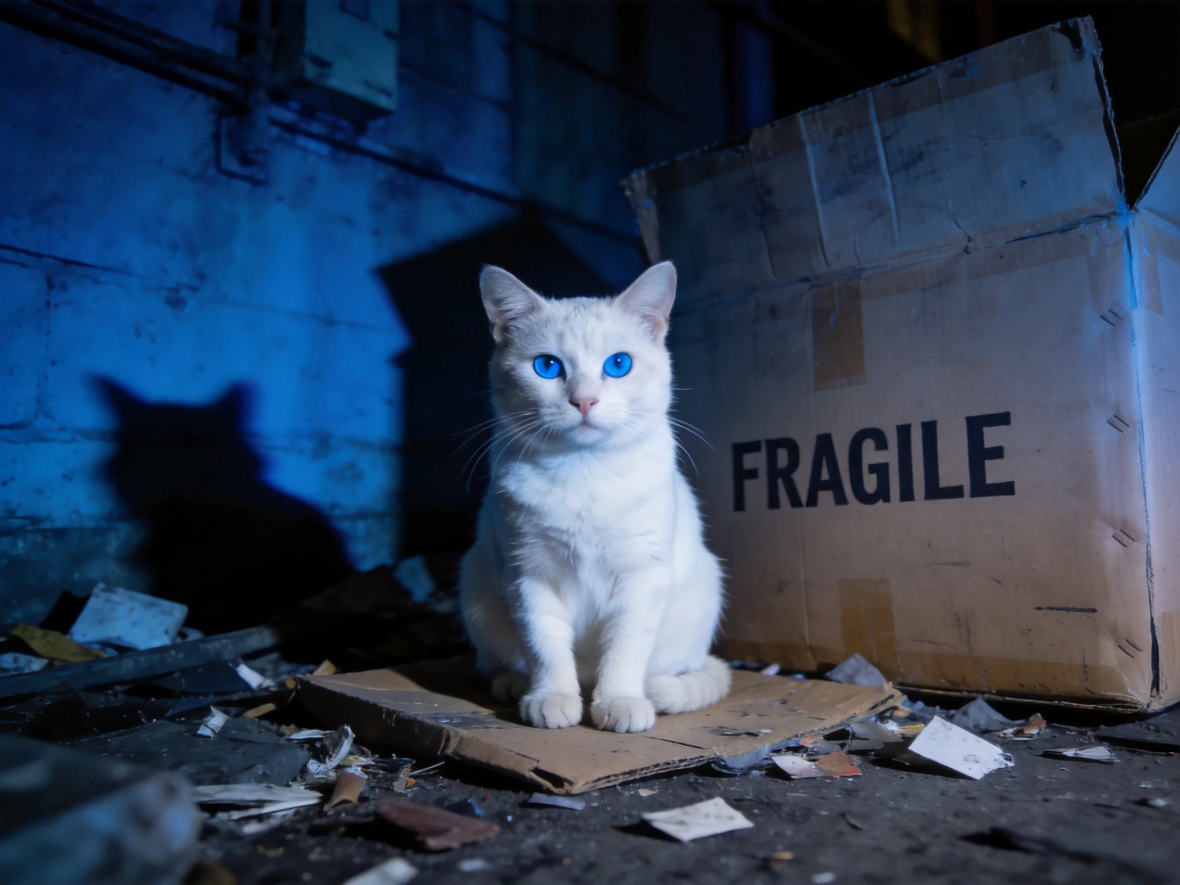A white cat with blue eyes sits by a Fragile box in a dimly lit space.