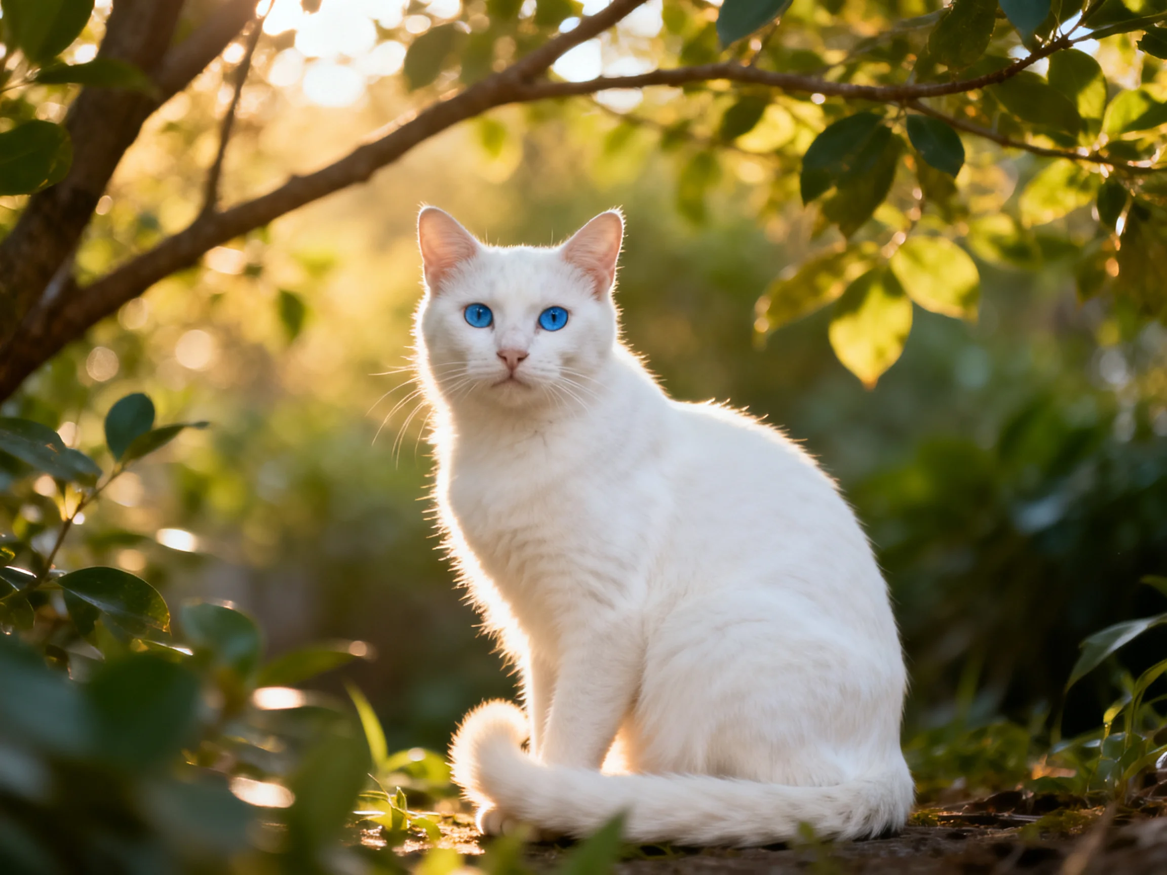 A white cat with blue eyes sits in a sunlit, leafy environment.