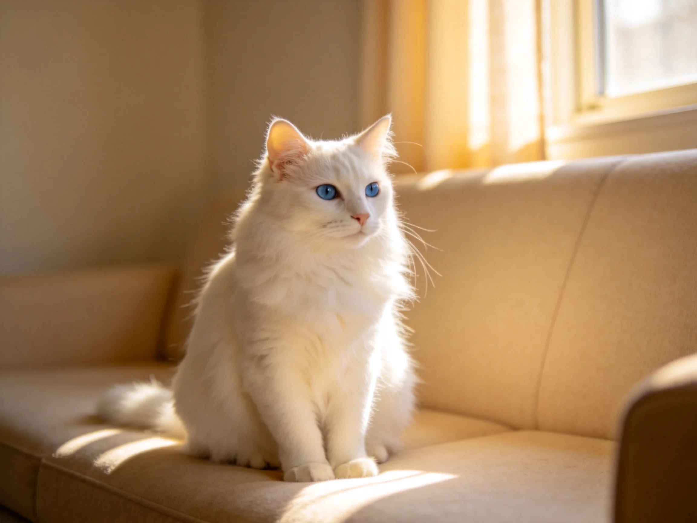 A white cat with blue eyes sits calmly on a beige couch in a sunlit room.