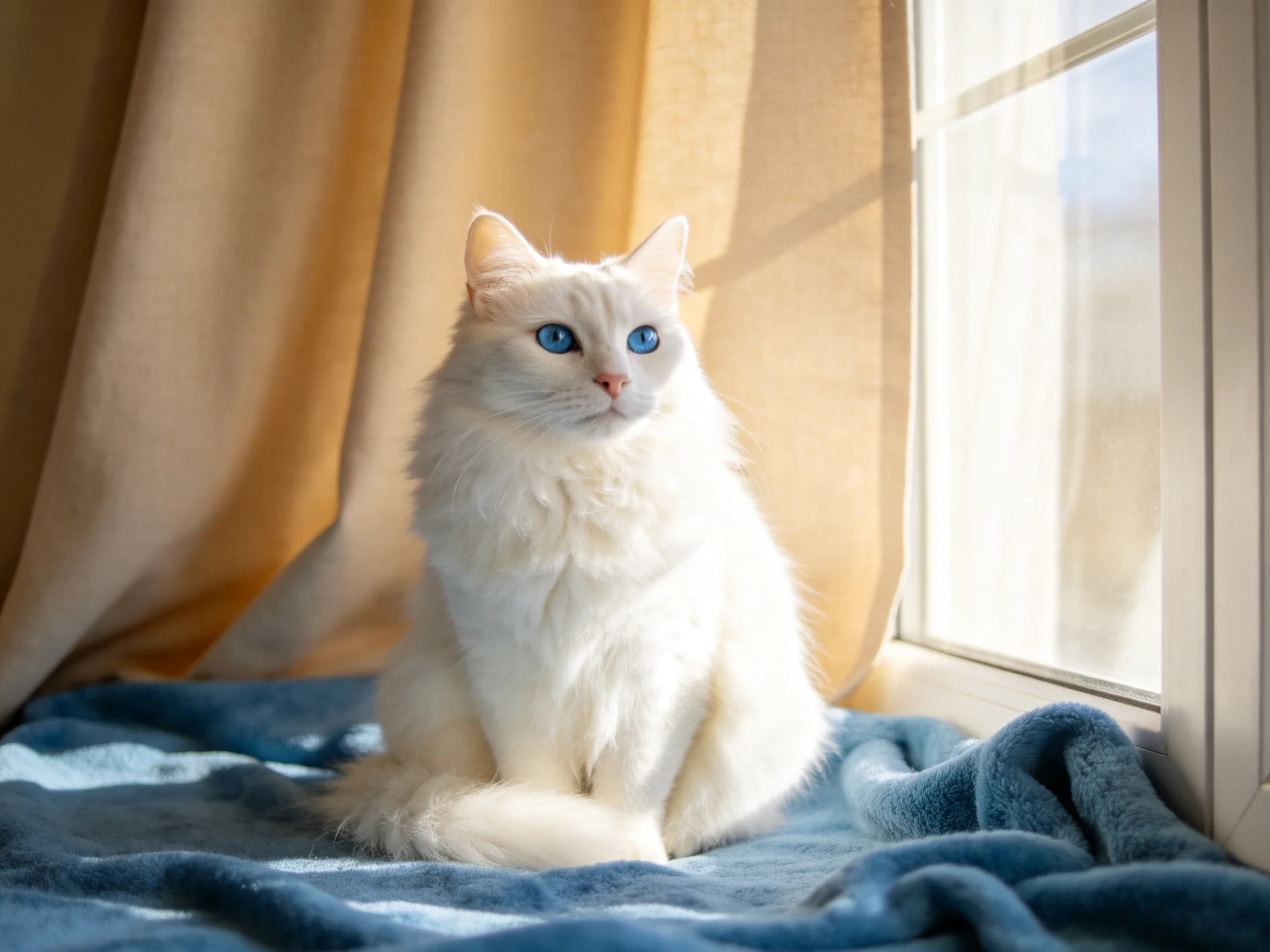 A white cat with blue eyes rests on a blue blanket near a window
