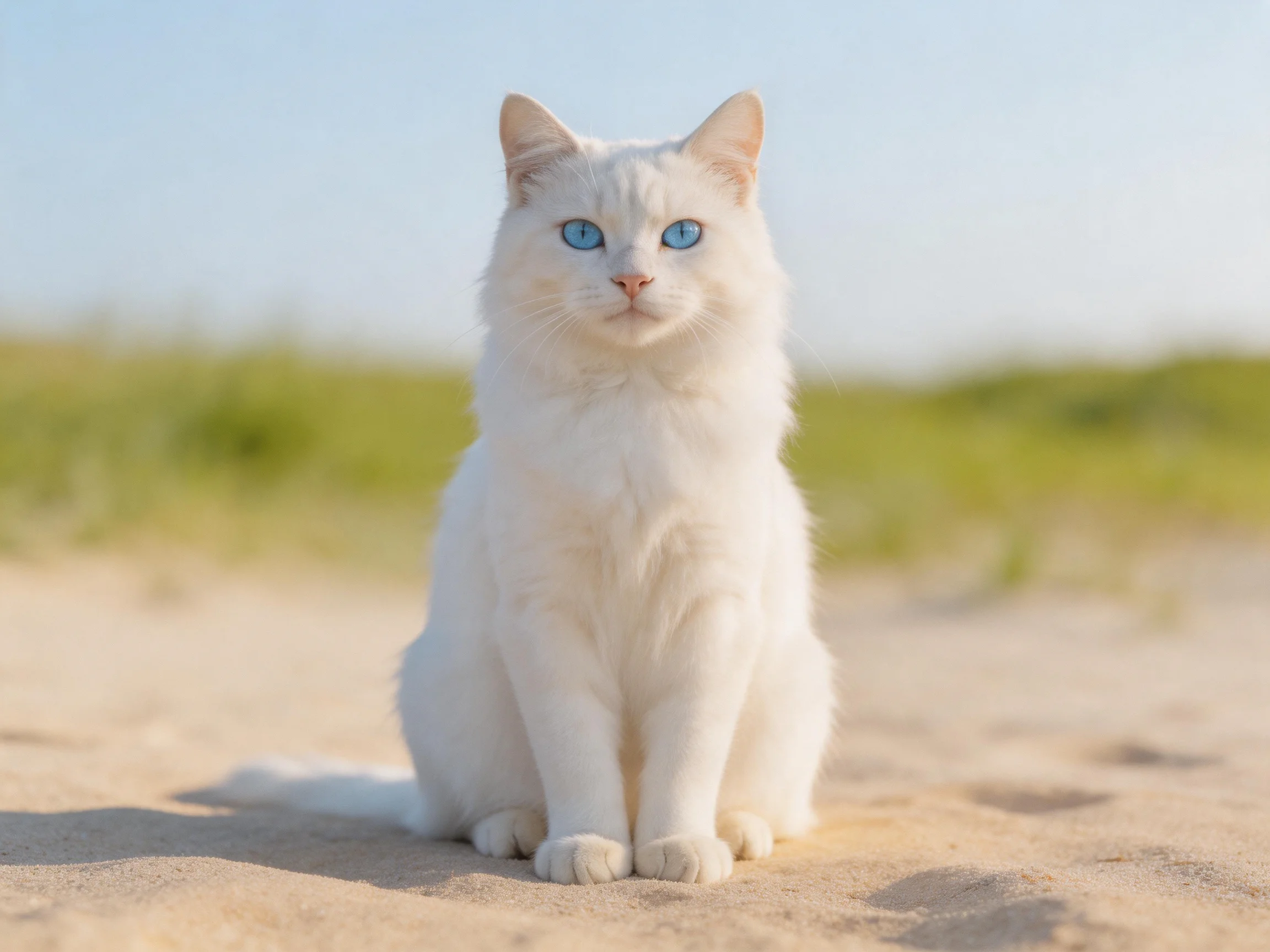 A white cat with blue eyes sits calmly on sandy ground outside