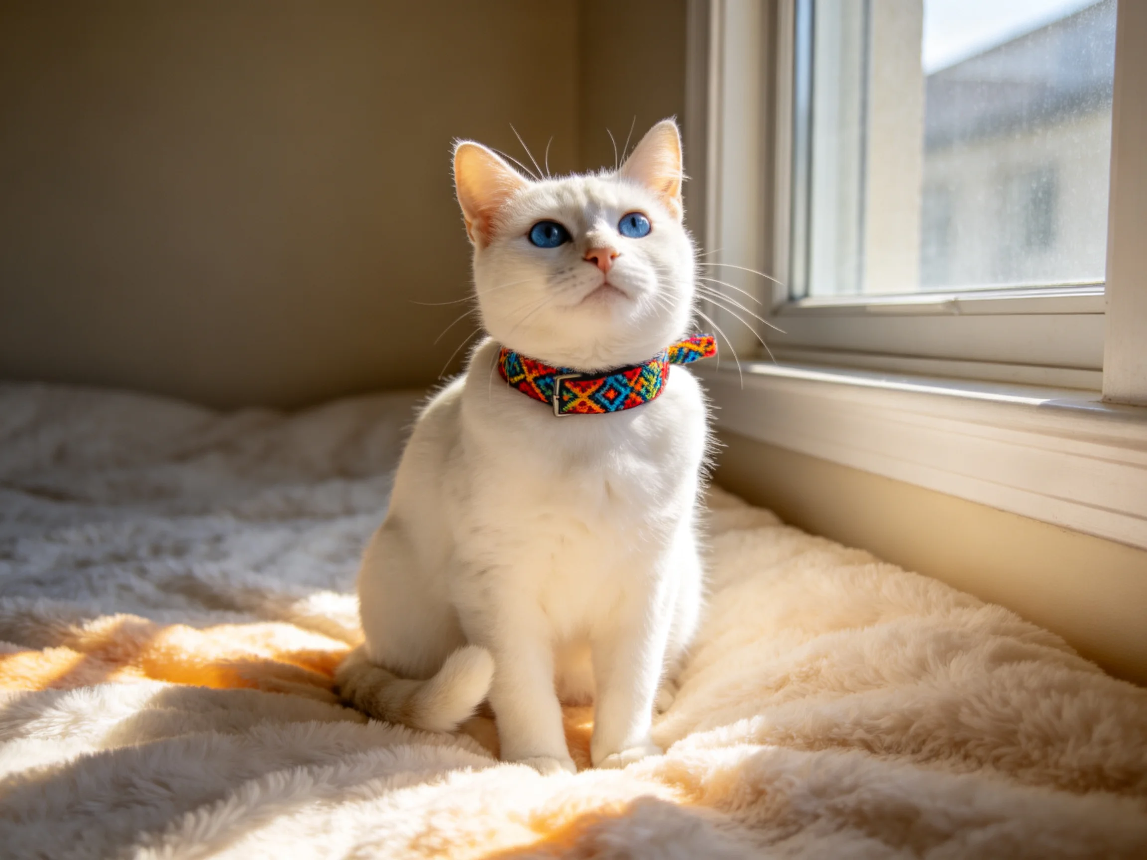 A white cat with blue eyes wears a colorful collar on a fluffy blanket by a sunlit window