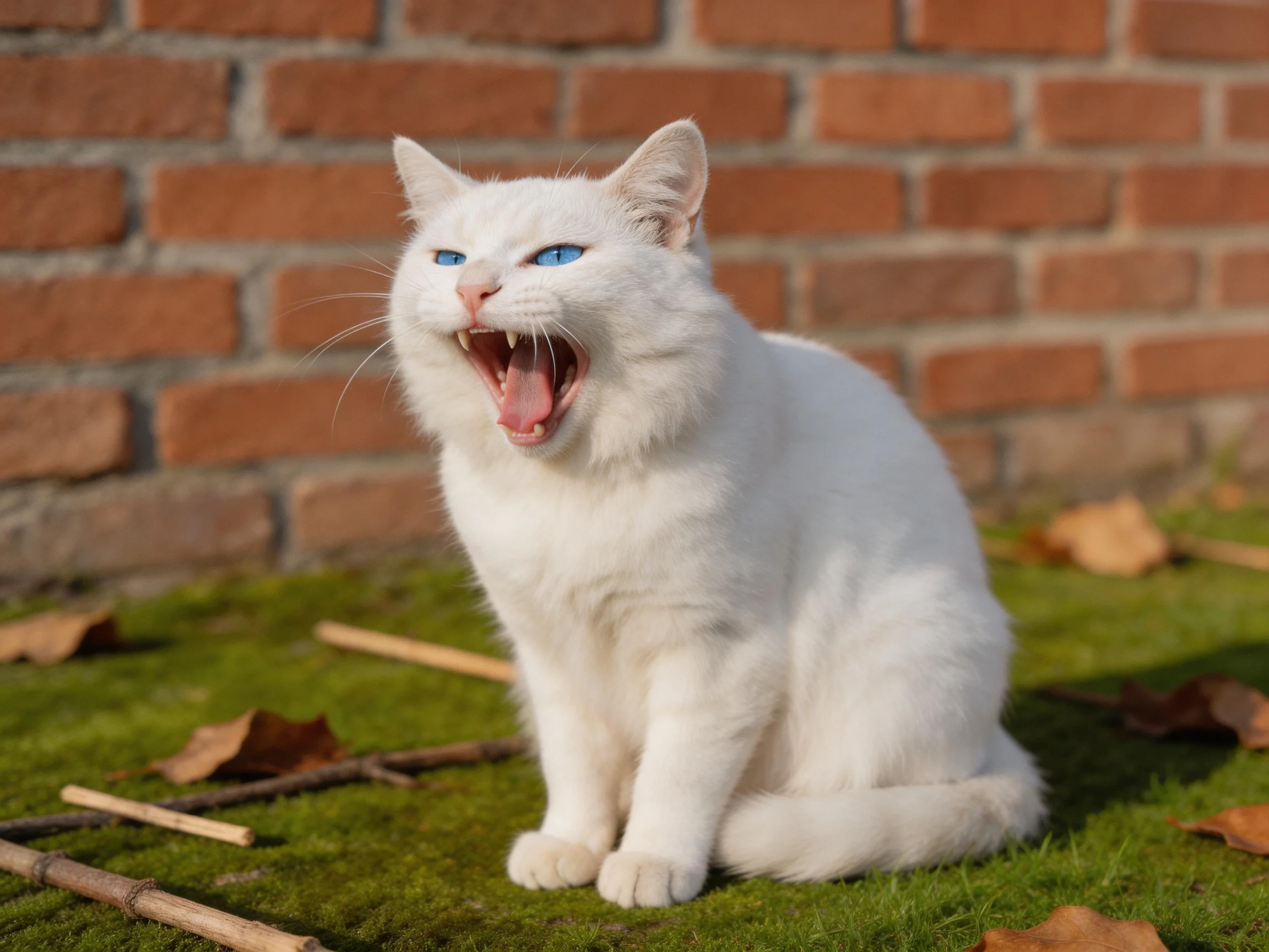 A white cat with blue eyes yawning near a brick wall
