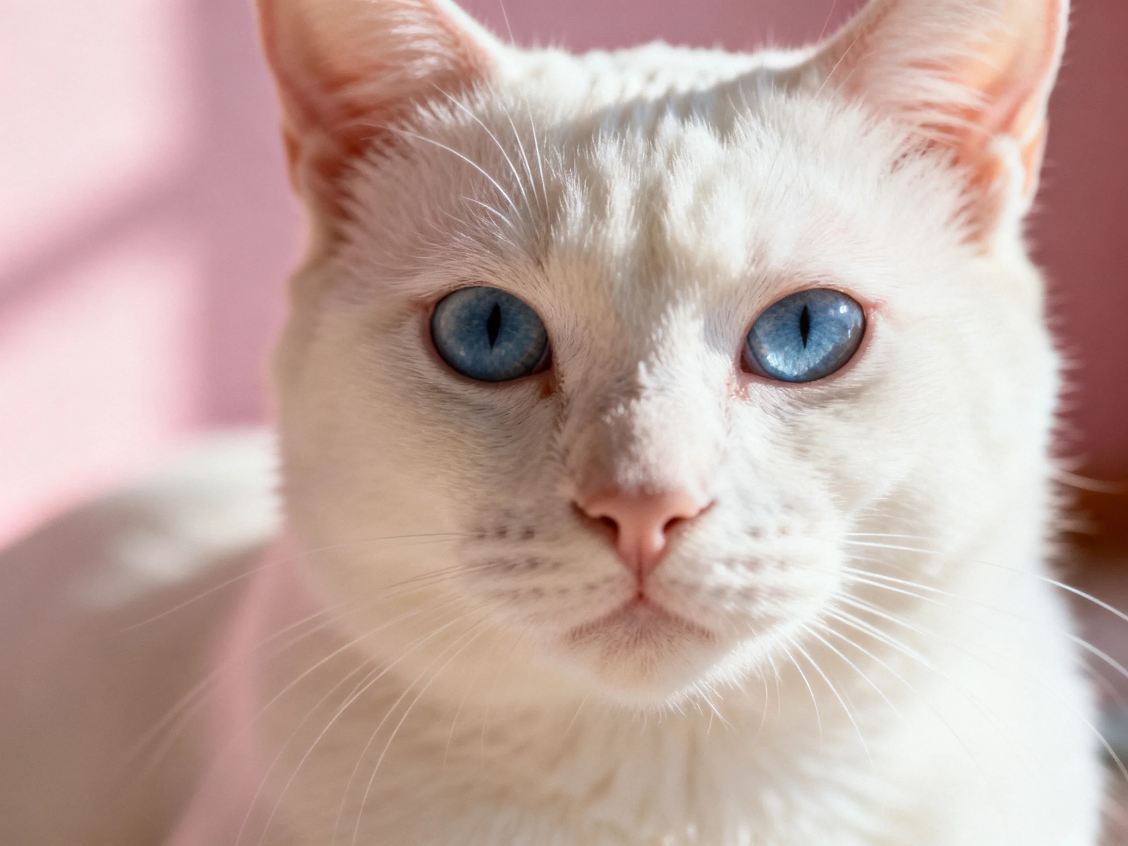 A white cat with blue eyes is centered against a pink background.