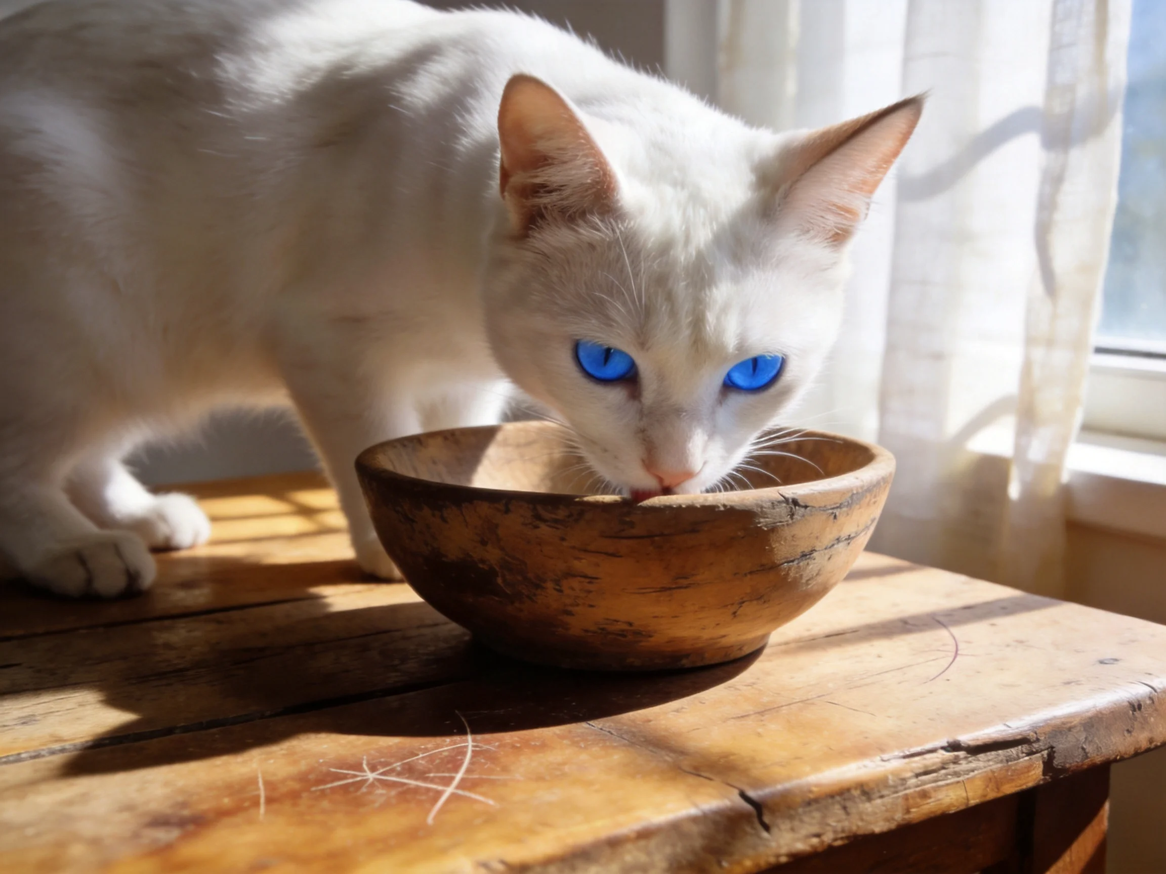 A white cat with blue eyes eats from a wooden bowl on a sunlit table.