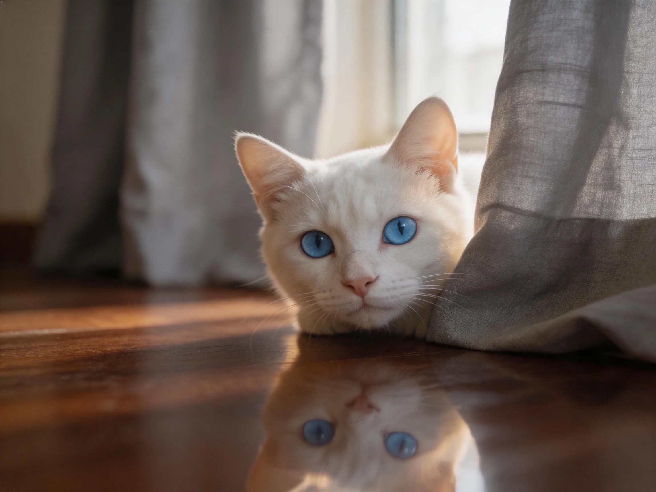 A white cat with blue eyes peeks near curtains, reflected on a polished wooden surface.
