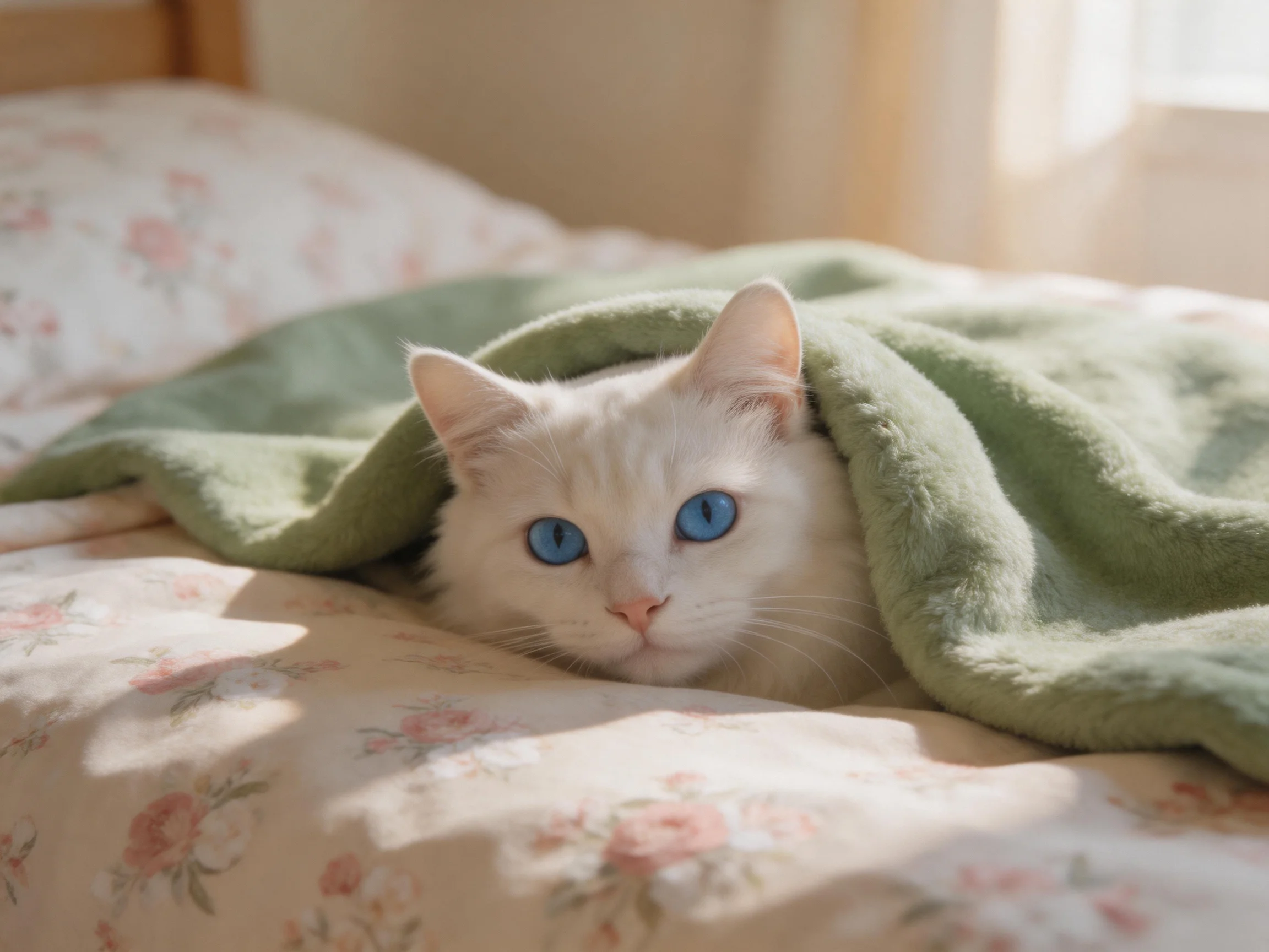 A white cat with blue eyes peeks out from under a blanket on a floral bed.