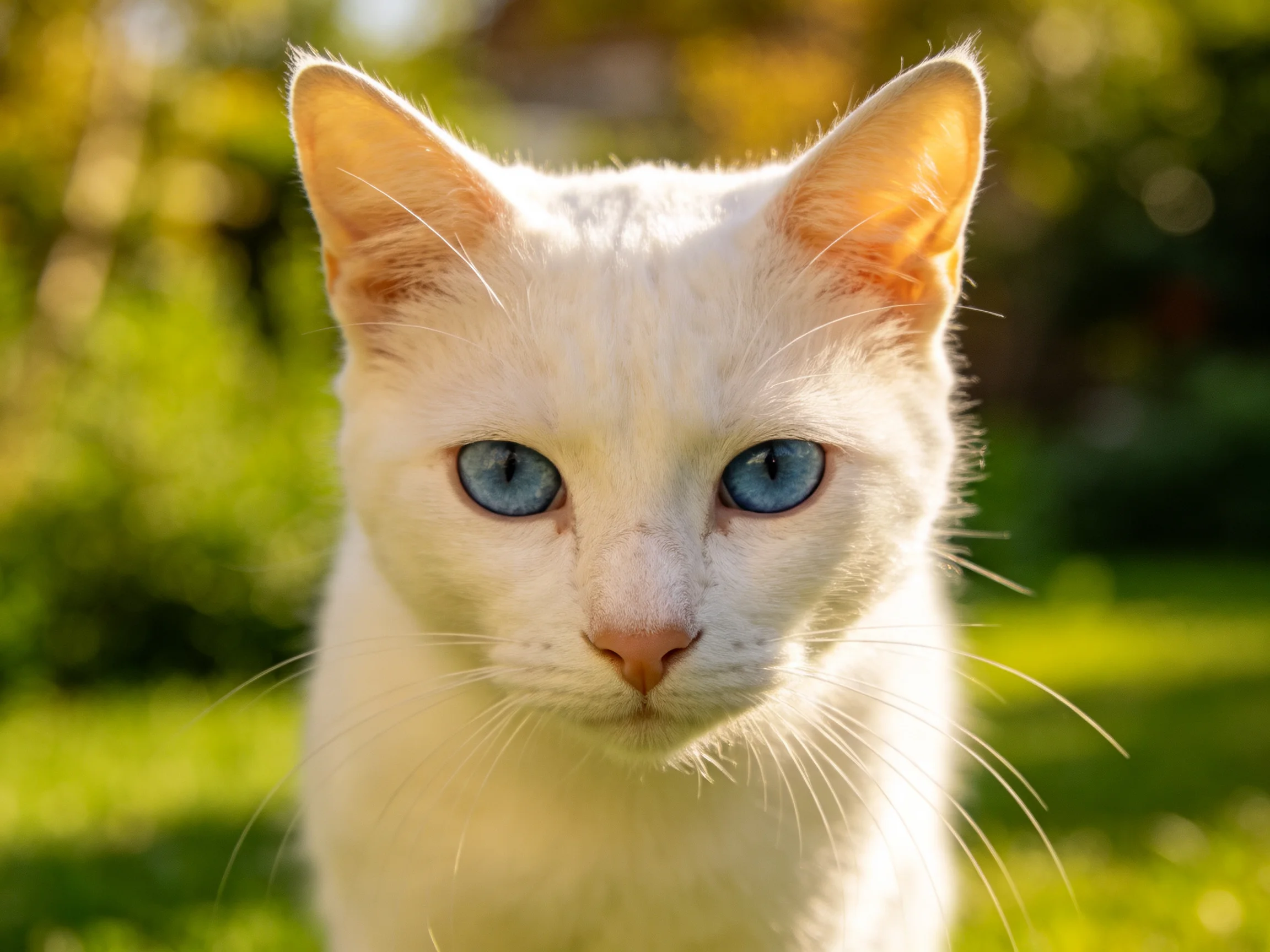 A white cat with blue eyes stands in a sunlit outdoor setting.
