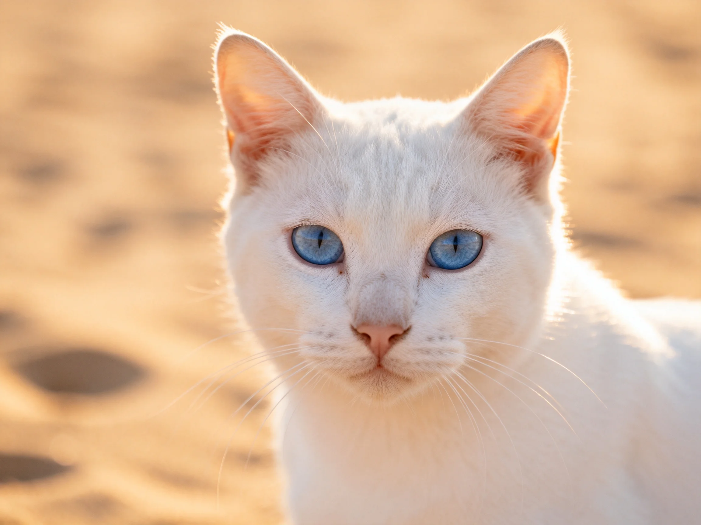 A white cat with blue eyes is near a sunlit sandy area.