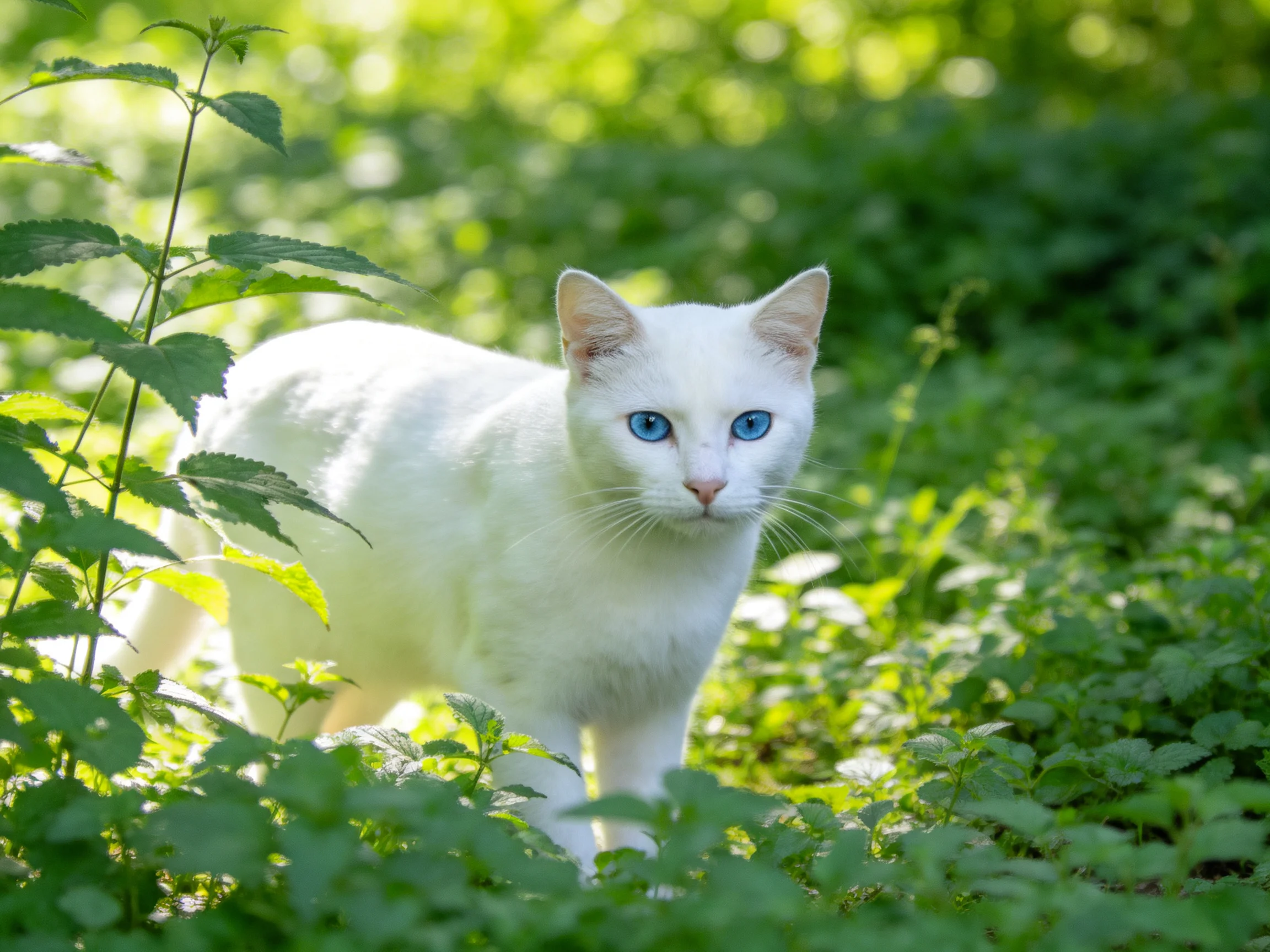 A white cat with blue eyes is surrounded by lush green vegetation.