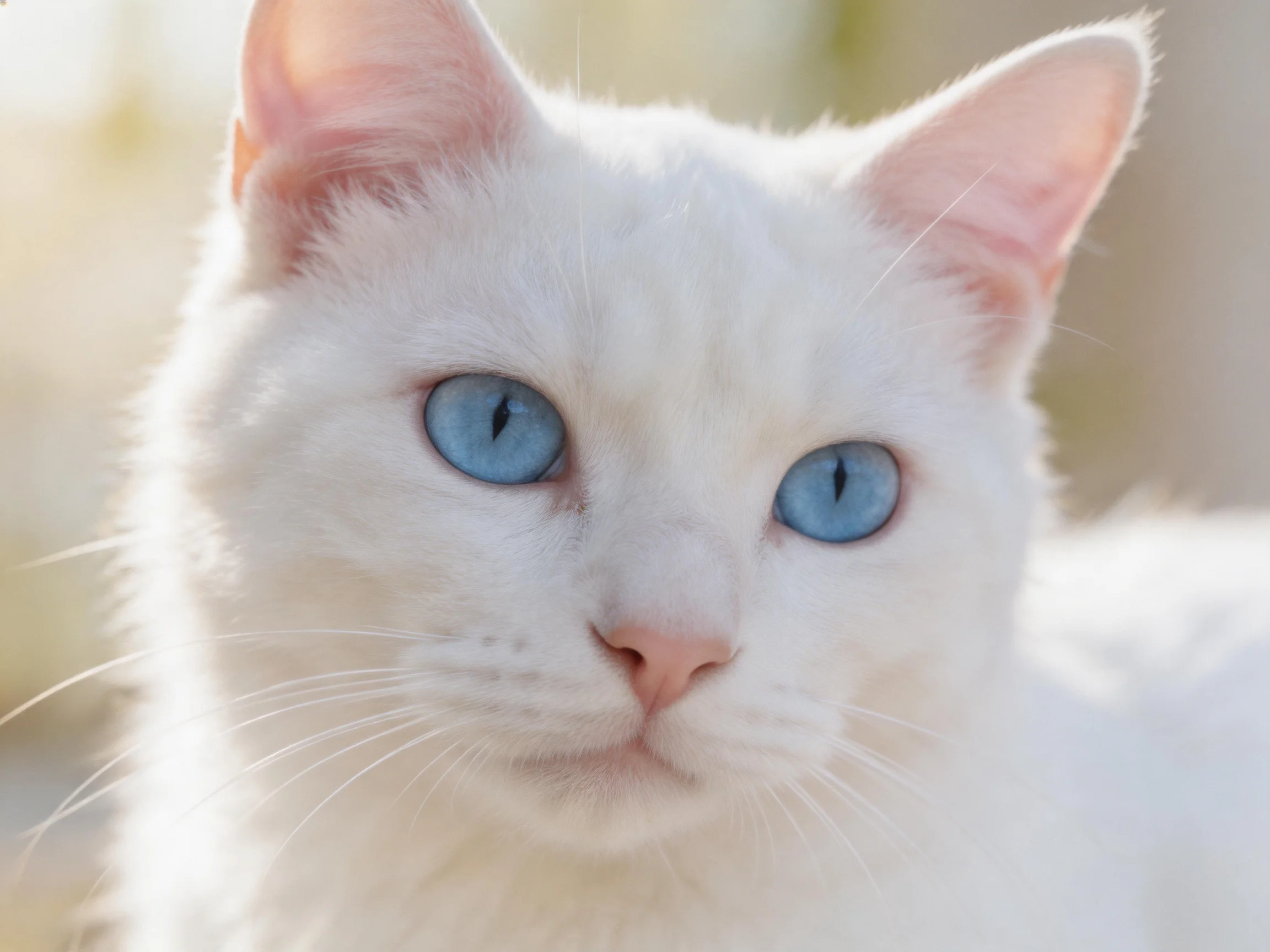 A white cat with blue eyes is photographed up close in a sunlit setting.