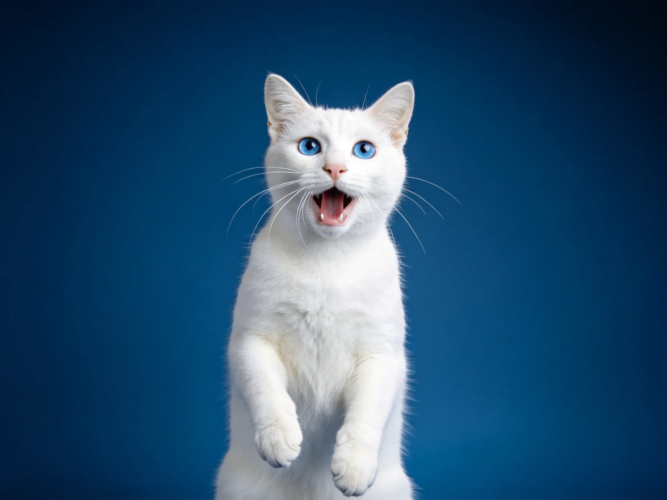 A white cat with blue eyes jumps mid-air against a solid blue background.